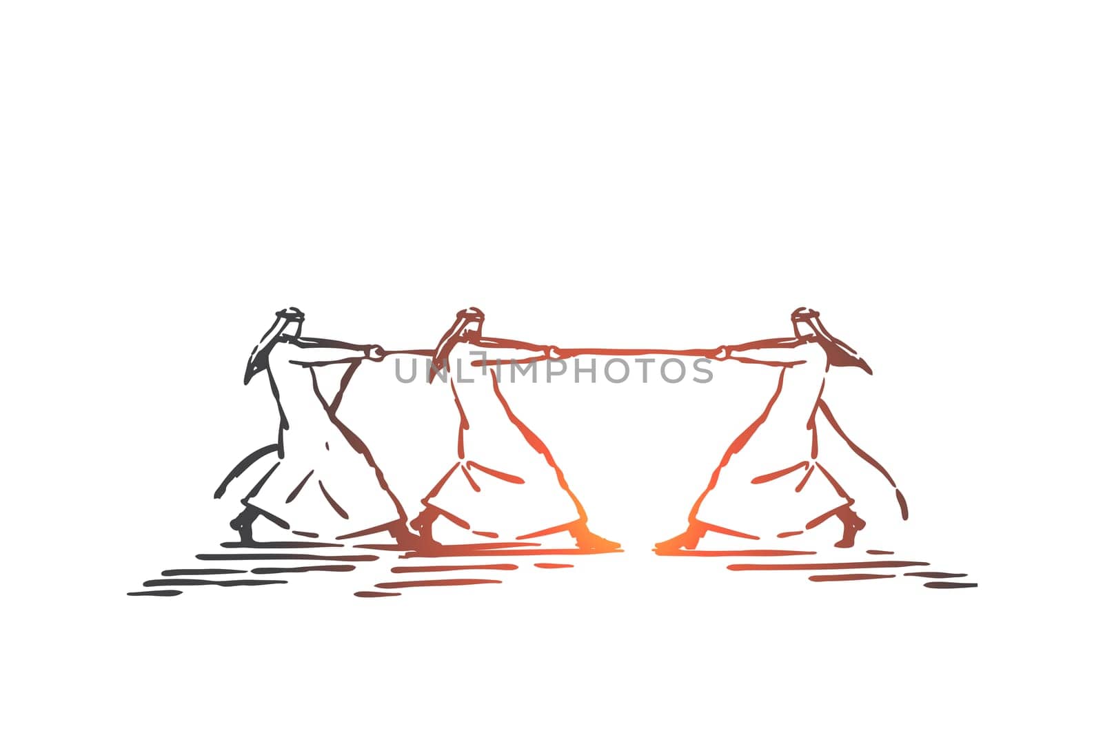 Competition, advantage, inequality concept sketch. Business partnership, corporate, rivalry, teamwork, coworking metaphor, arab businessmen, muslim people pulling rope Hand drawn isolated vector