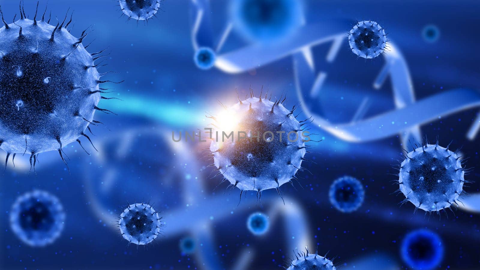 3D render of a medical background with abstract DNA strands and virus cells