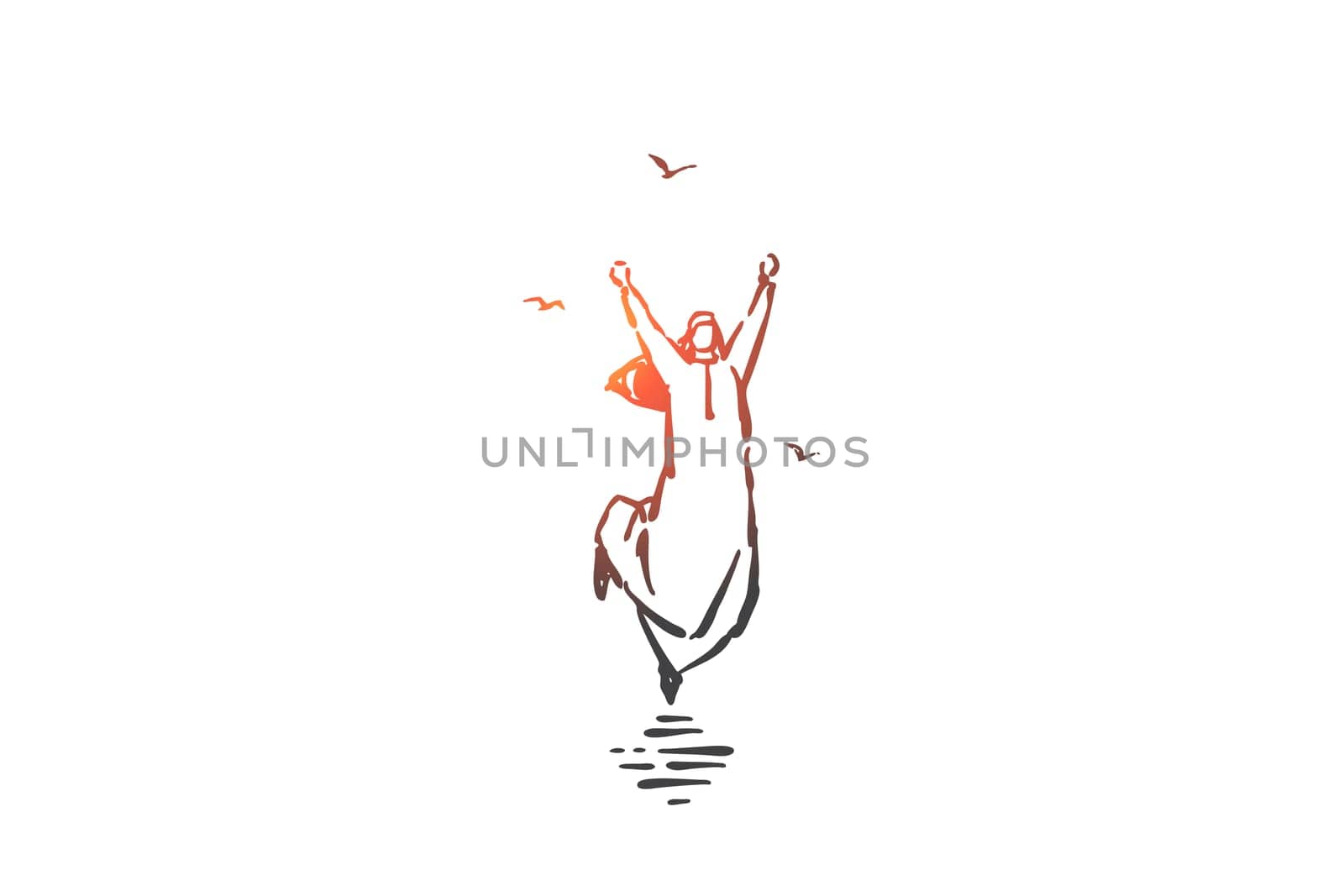 Business achievement celebration concept sketch. Happy arab businessman, successful muslim entrepreneur jumping in air, positive emotion, happiness, excitement expression. Hand drawn isolated vector