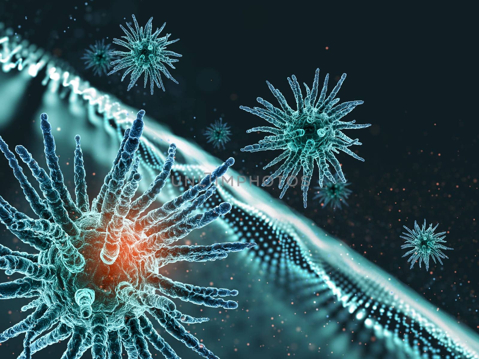 3D render of a medical background with abstract particle design and virus cells