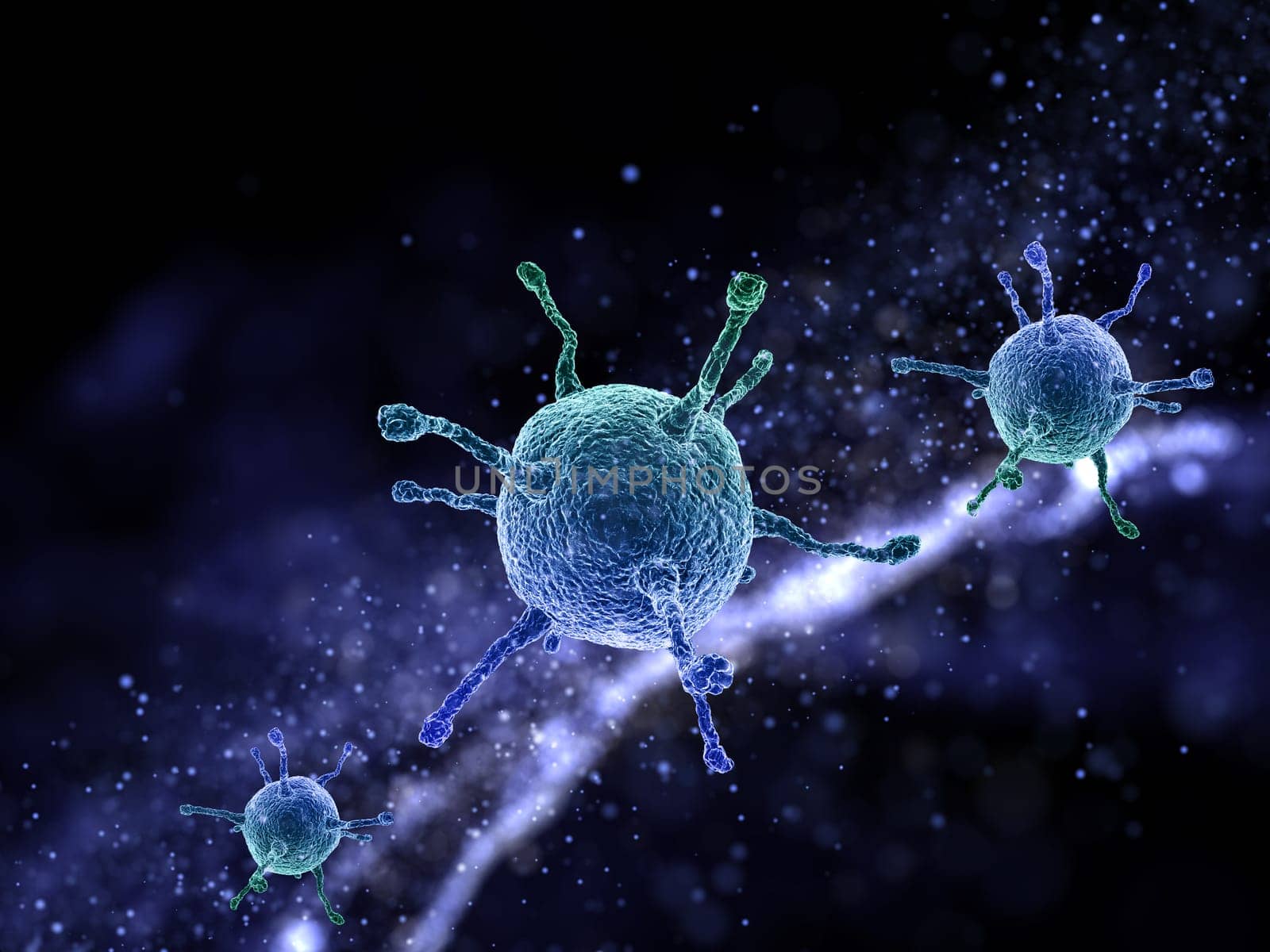 3D render of a medical background with abstract virus cells and floating particles