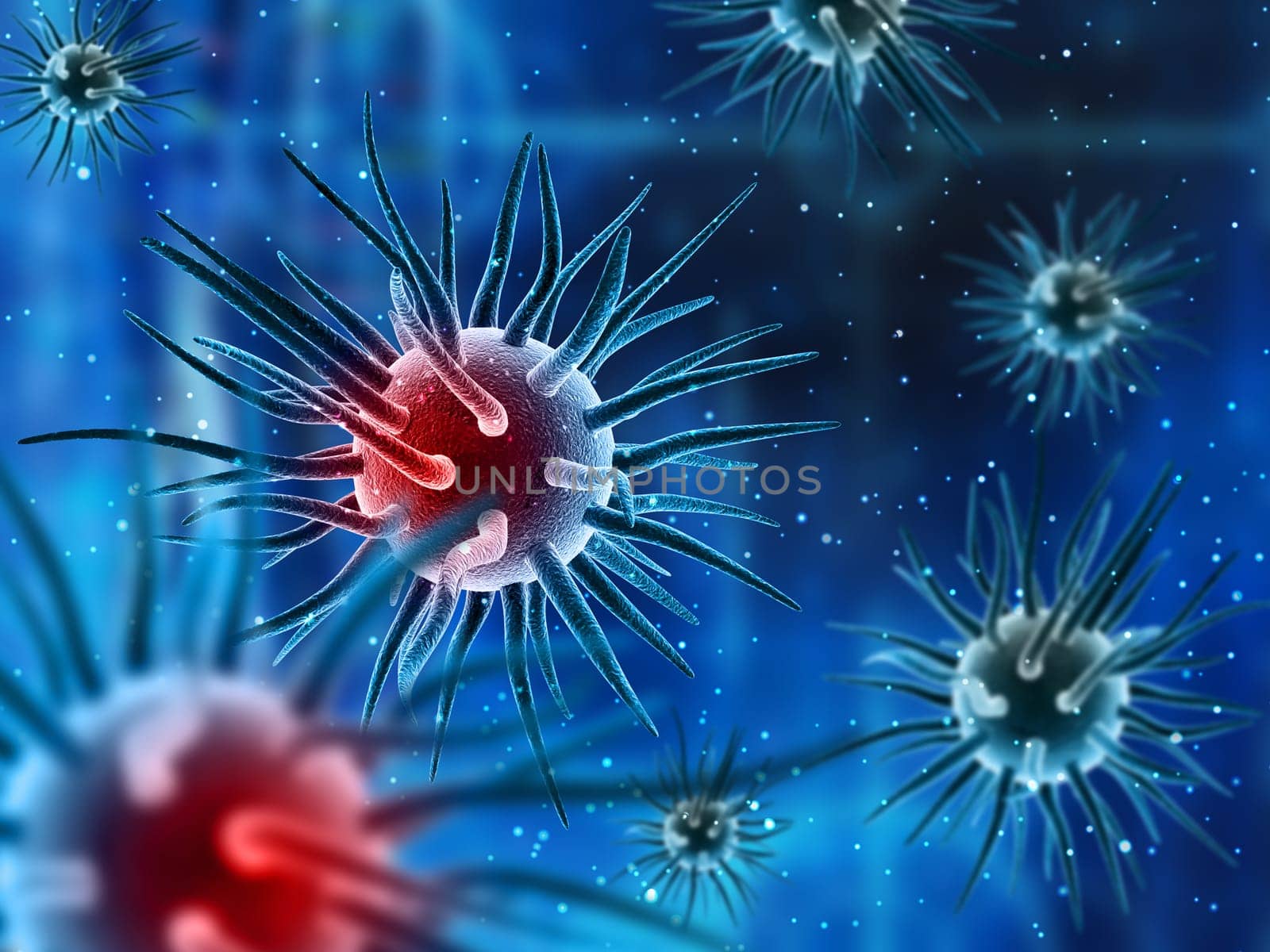 3D render of a medical background with abstract virus cells and floating particles