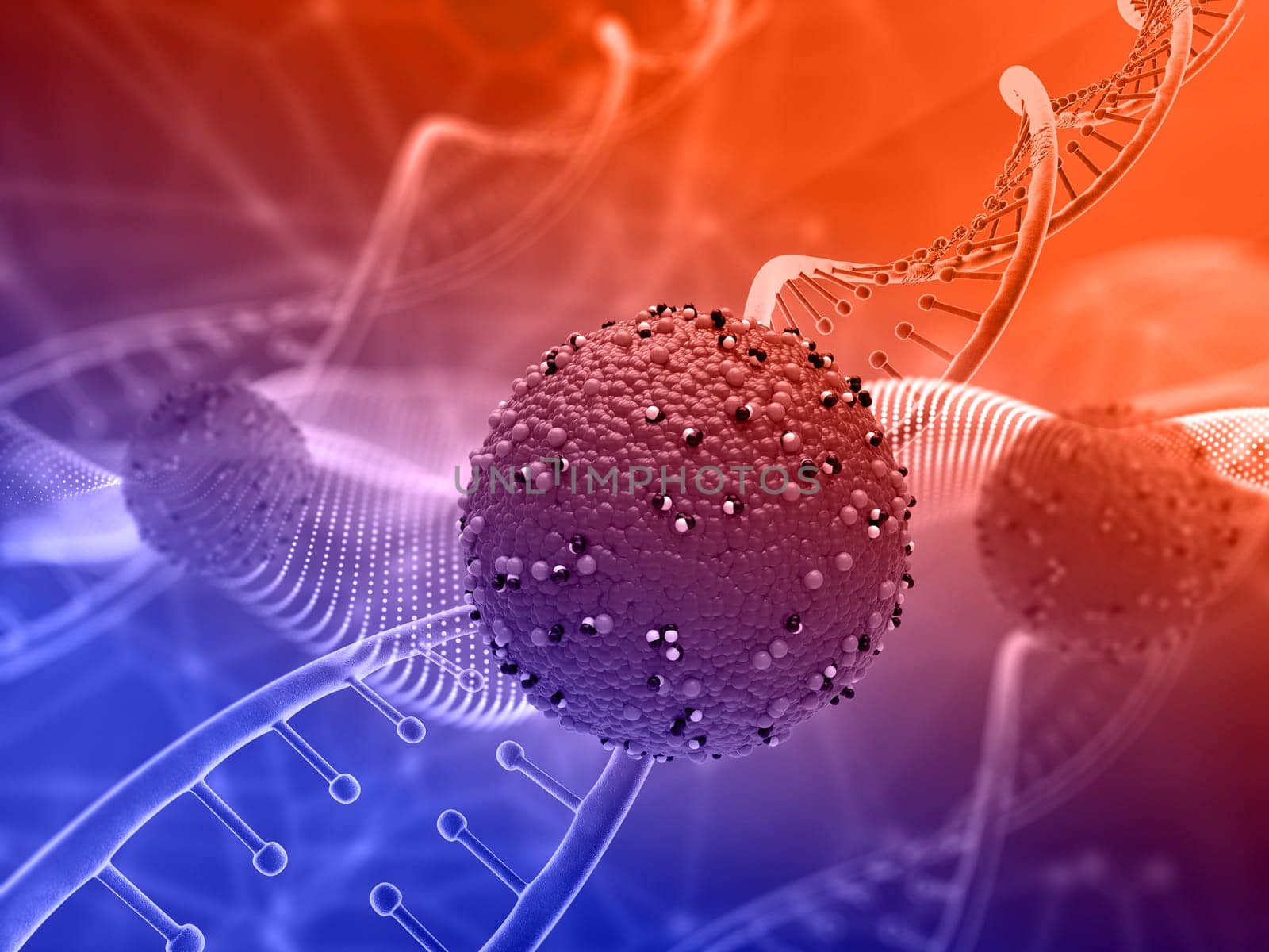 3D render of a medical background with abstract virus cells and DNA strands