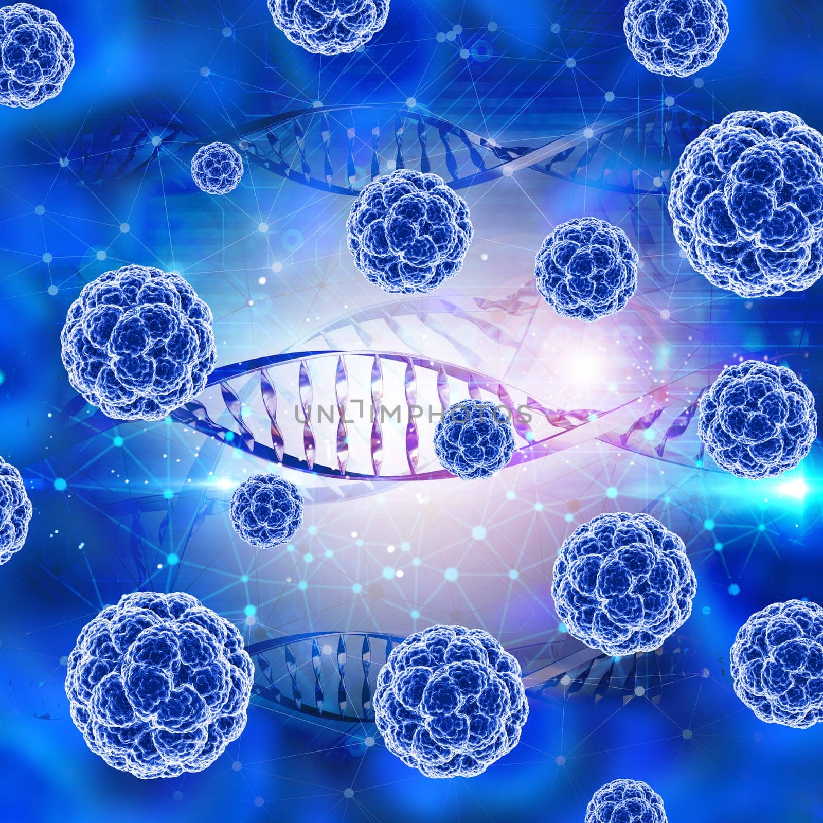 3D render of a medical background with abstract virus cells and DNA strands