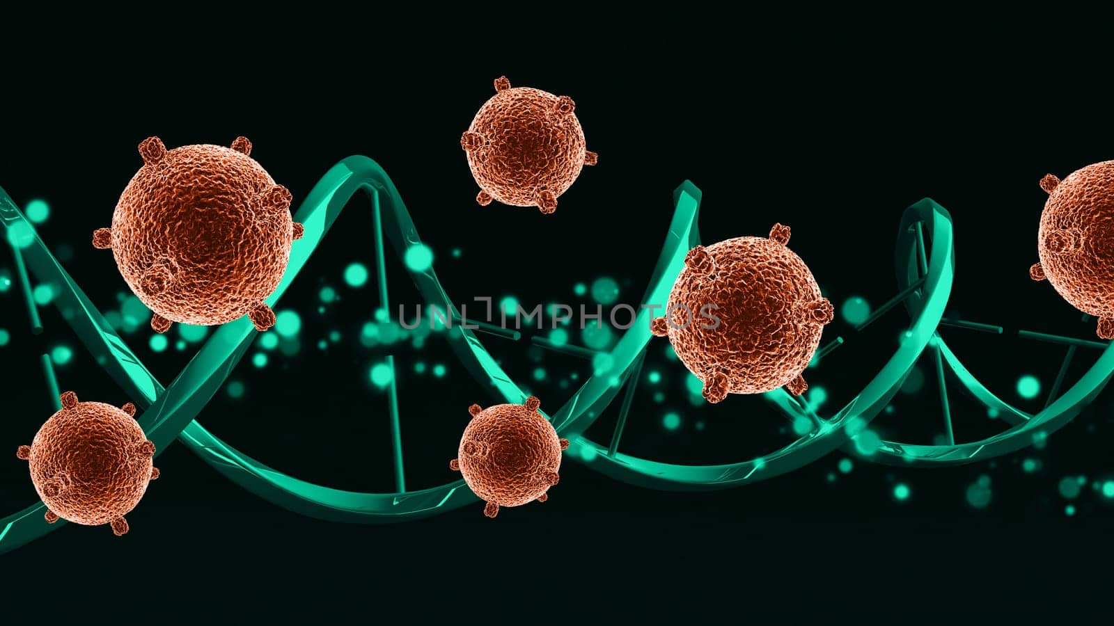 3D render of a medical background with abstract virus cells on a DNA strand