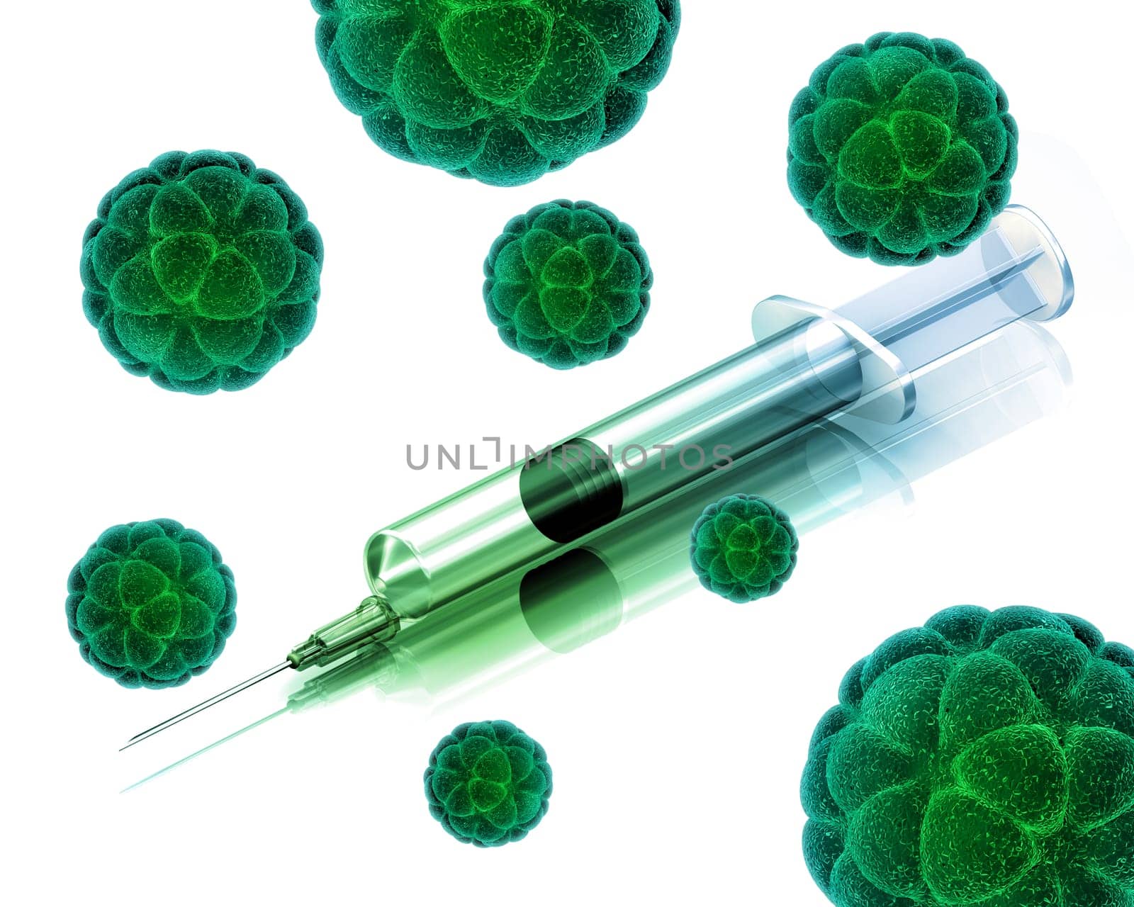 3D render of a medical background with abstract virus cells and syringe