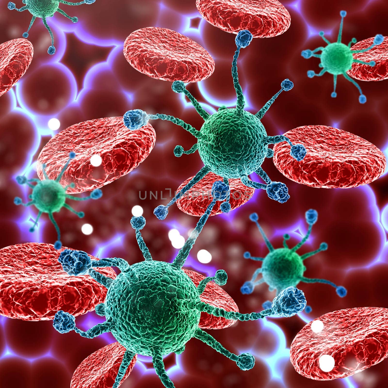 3D render of a medical background with blood and virus cells