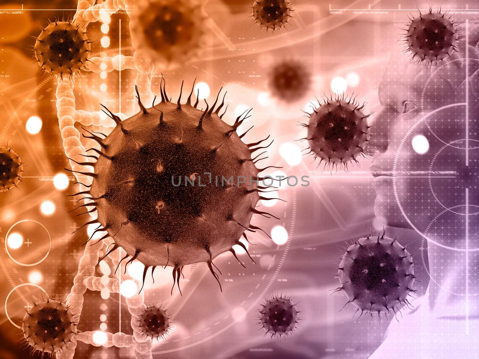 3D render of a medical background with abstract virus cells with male figure