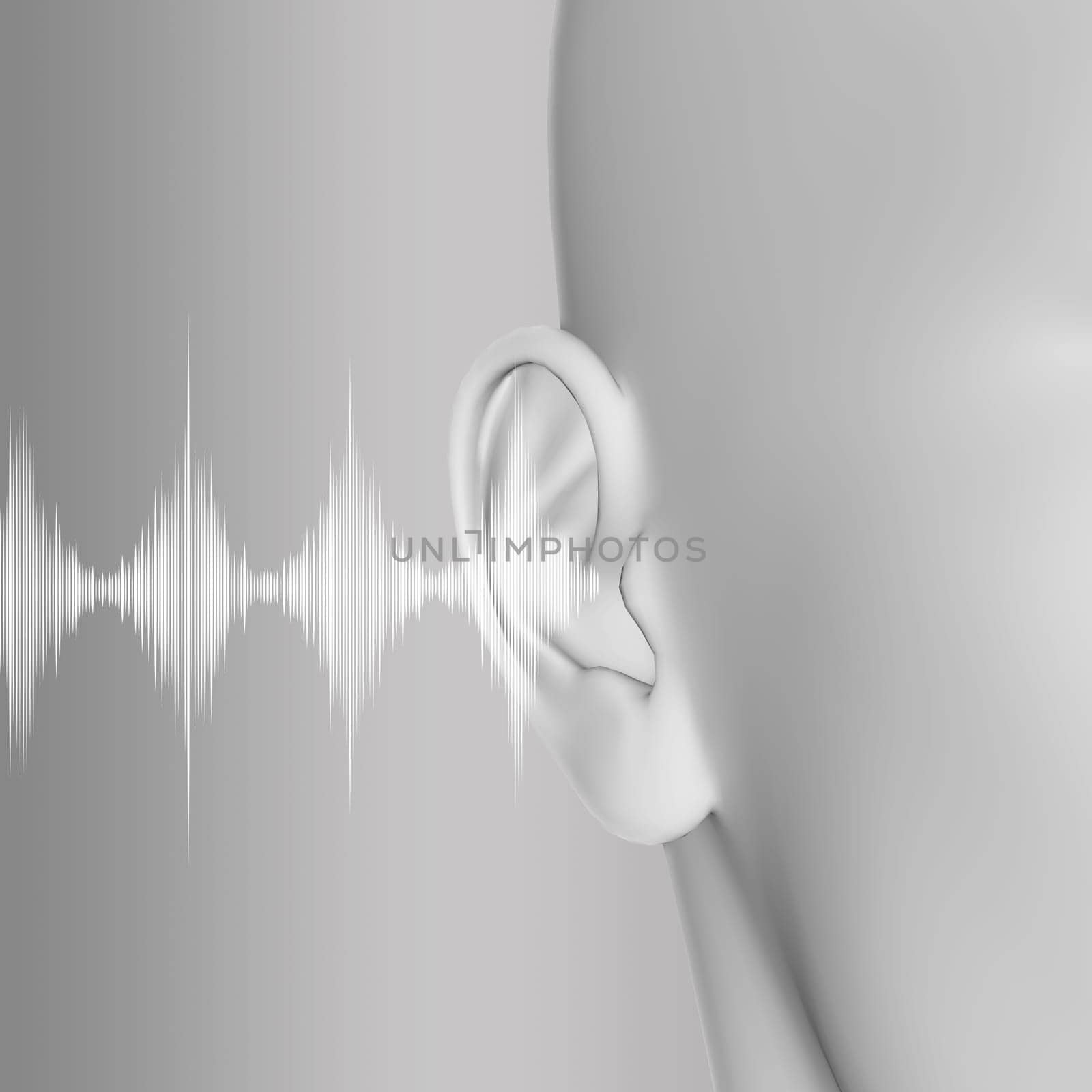 3D render of a medical background with close up of ear and soundwaves