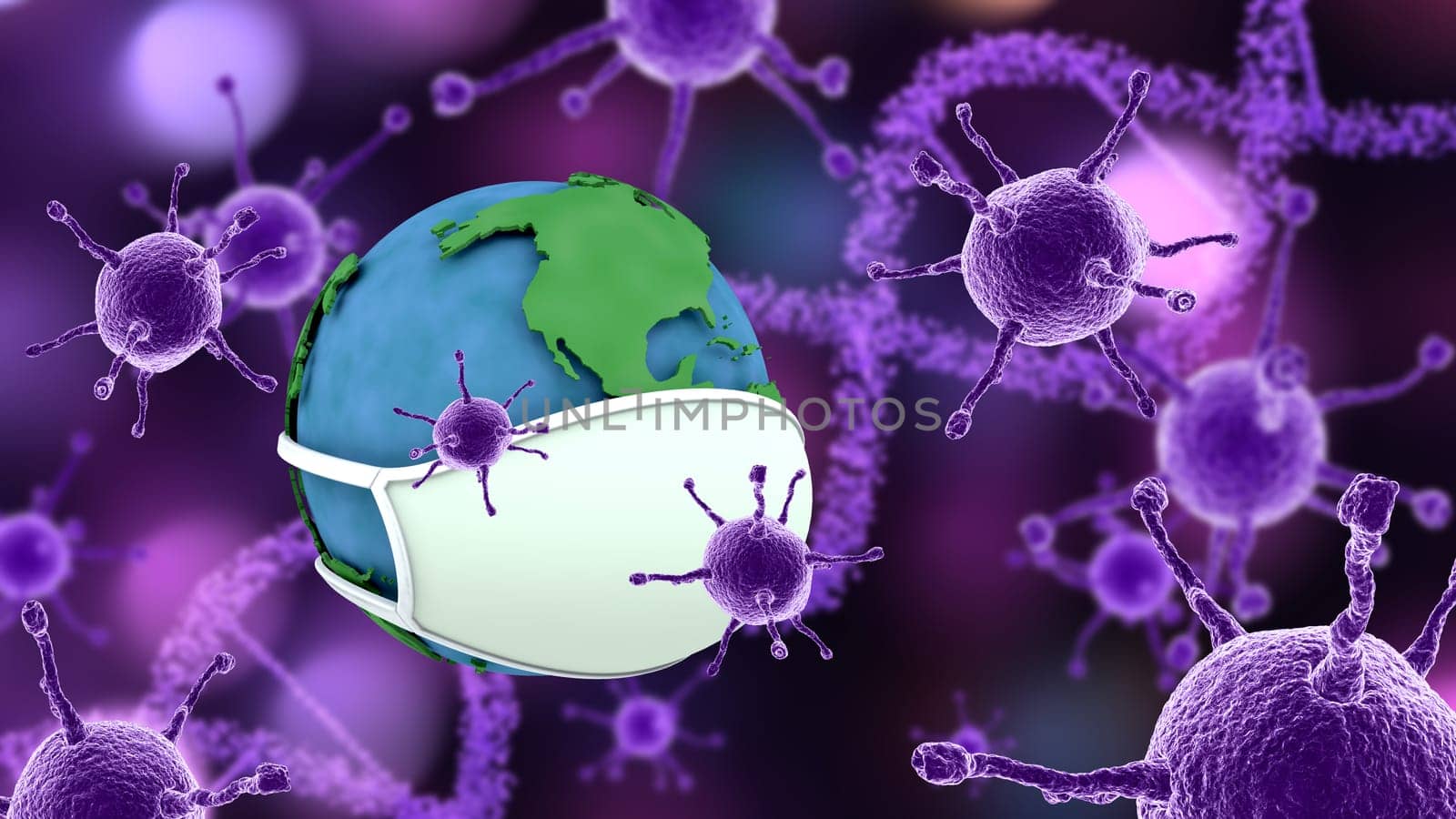 3D render of a medical background with virus cells and globe with face mask depicting global pandemic