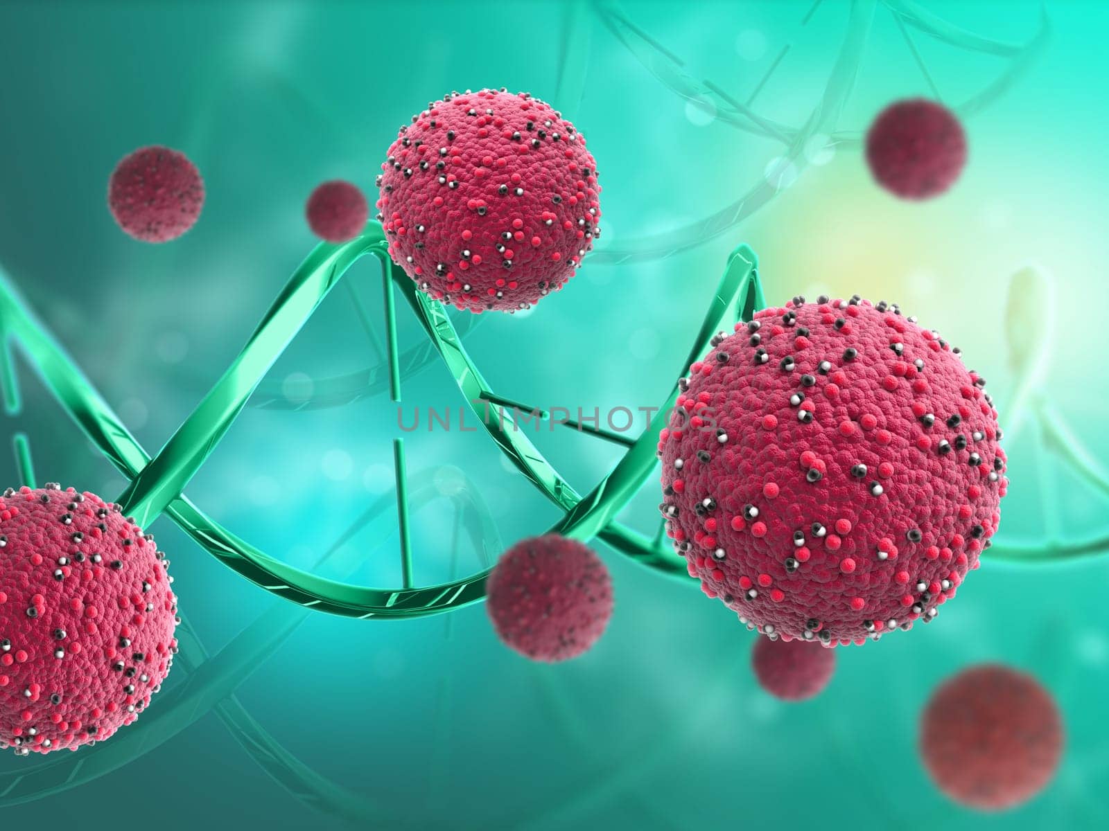 3D render of a medical background with abstract virus cells and DNA strands