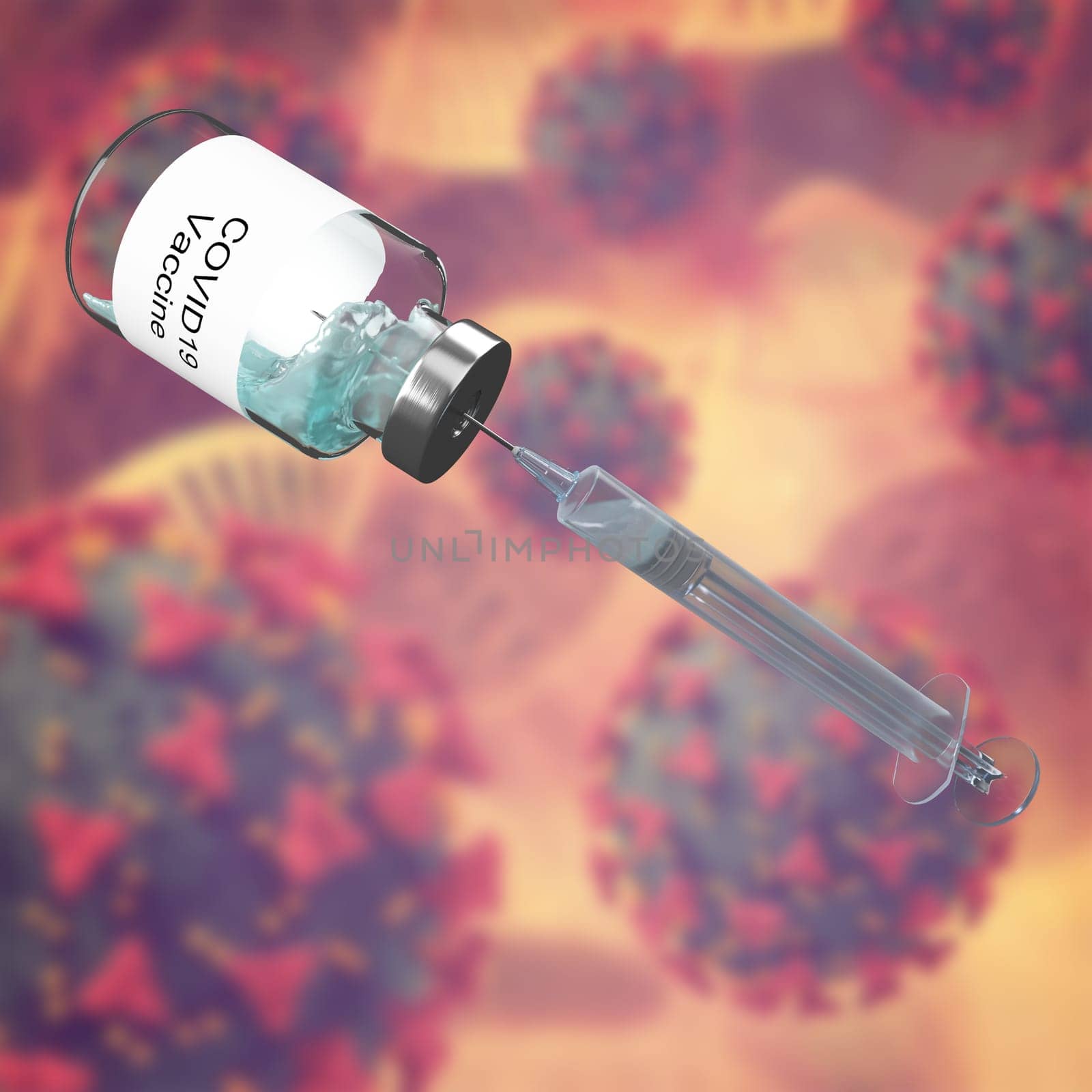 3D render of a medical background with covid vaccine and syringe against virus cell image