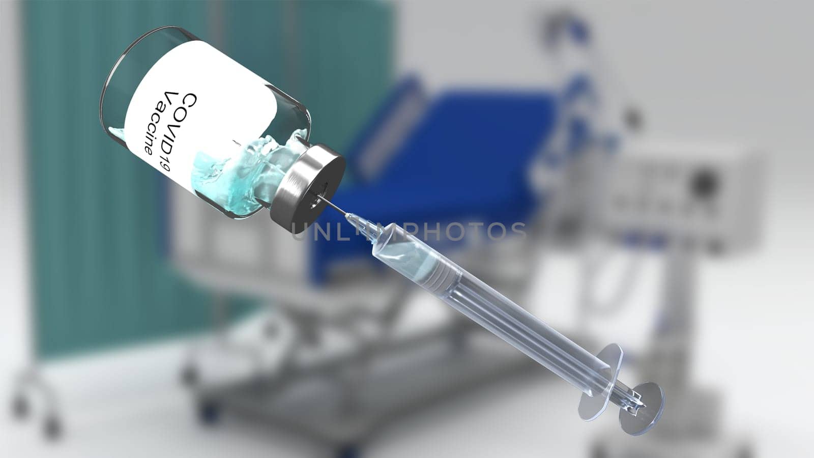 3D render of a medical background with covid vaccine image against defocussed hospital bed