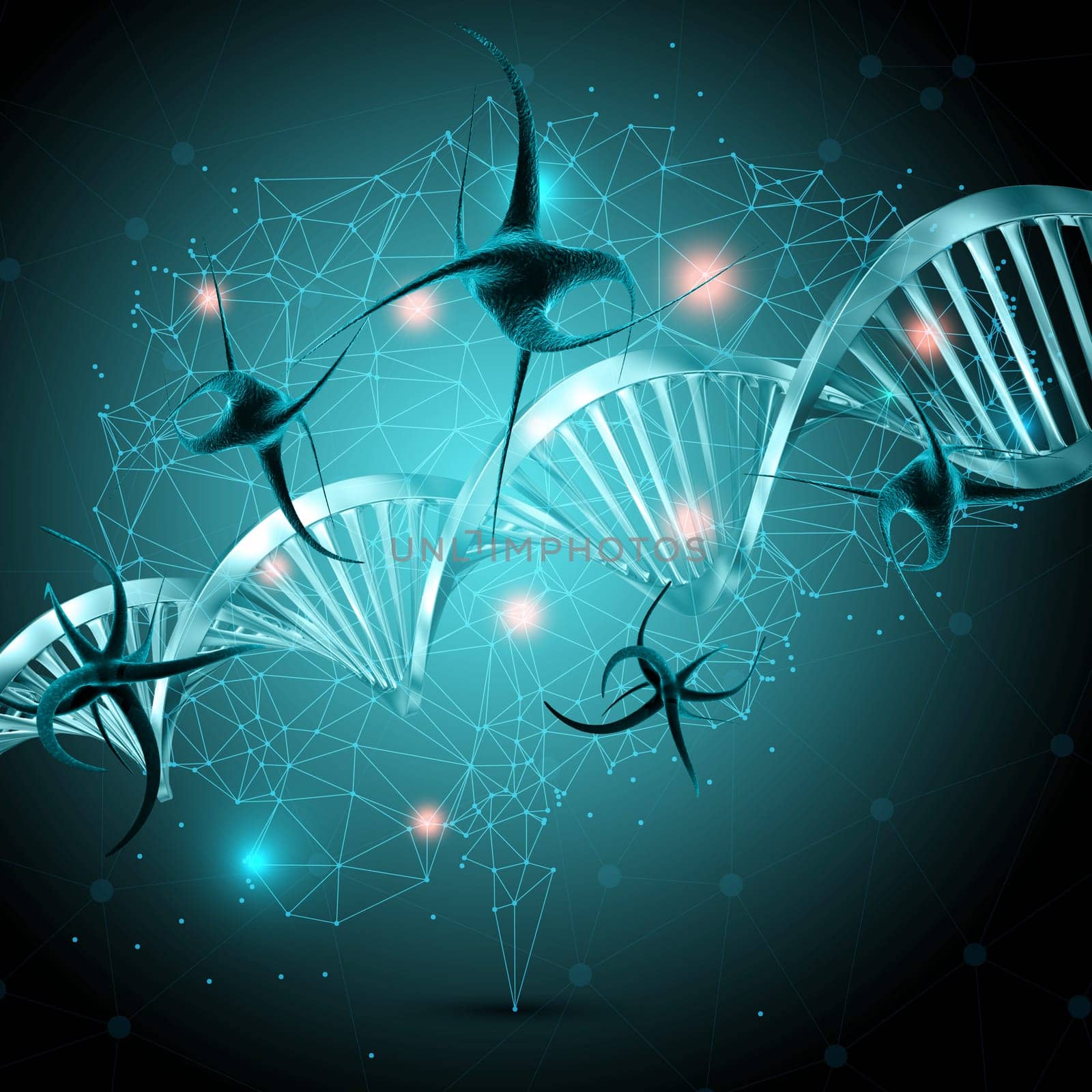 3D render of a medical background with low poly brain, DNA strands and virus cells