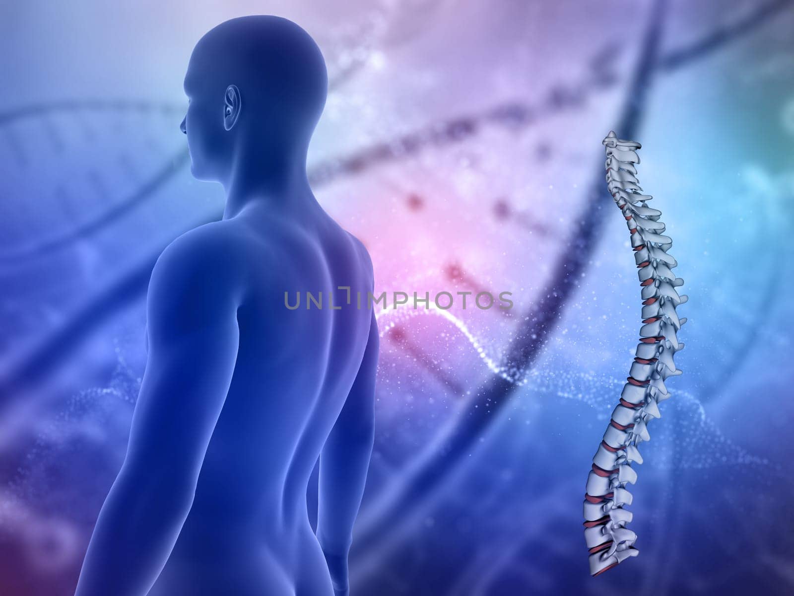 3D render of a medical background with male figure and spine
