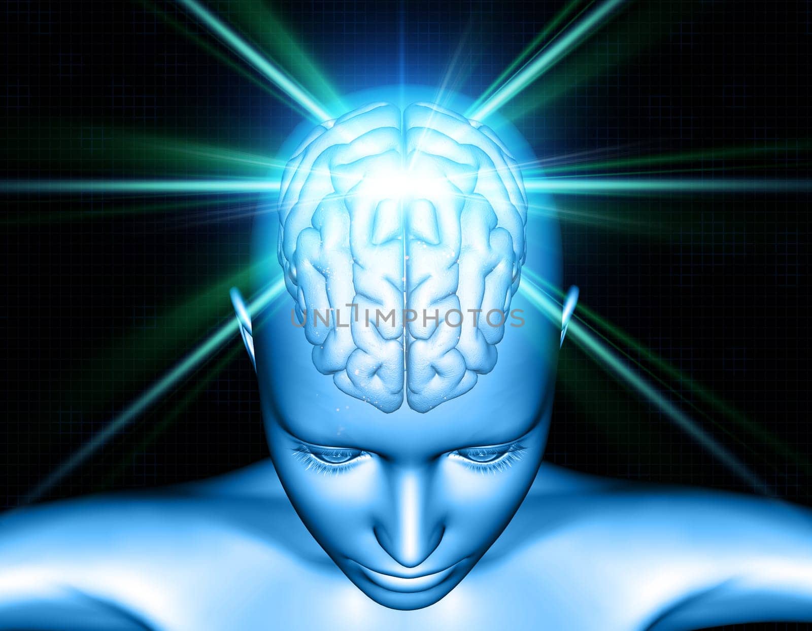3D render of a medical background with female figure with brain highlighted