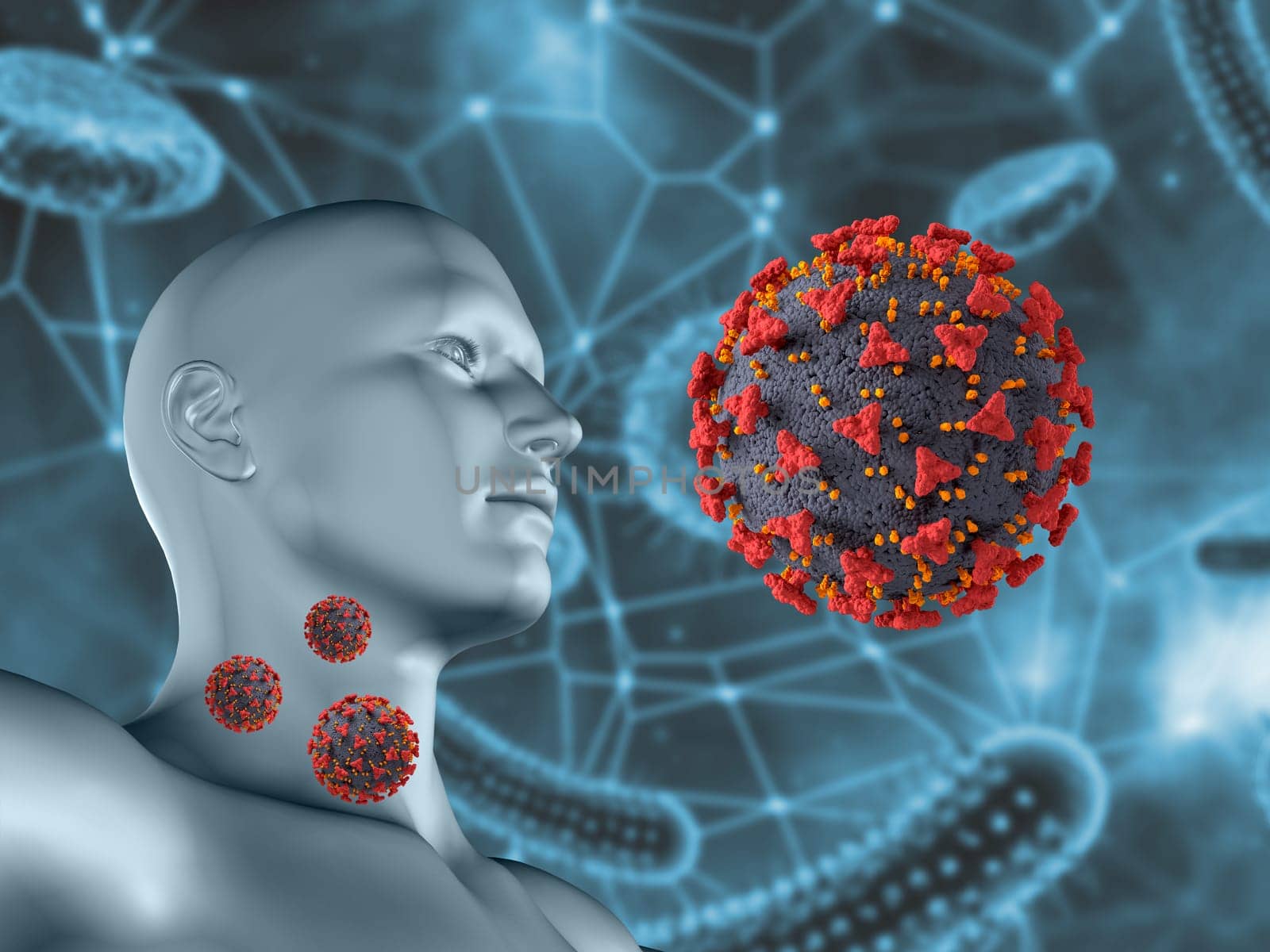 3D render of a medical background with male figure and detailed Corona virus cells