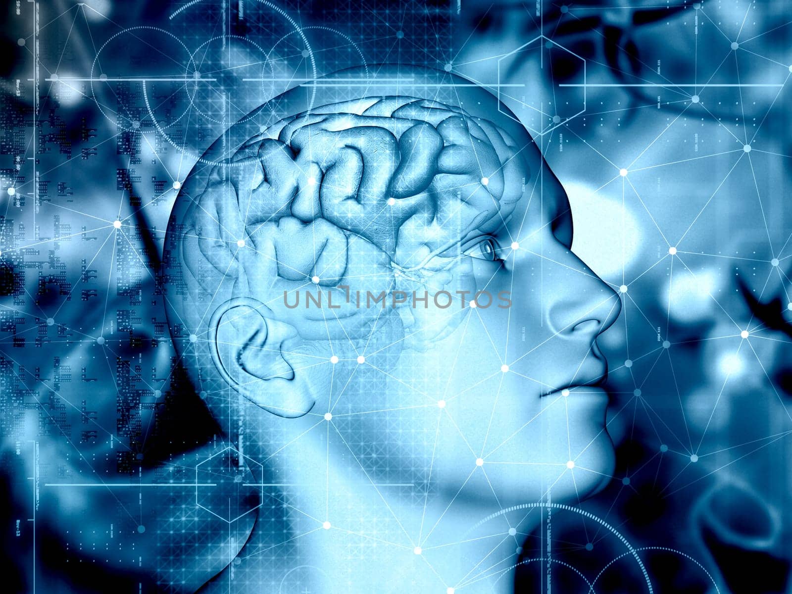 3D render of a medical background with male figure and brain highlighted