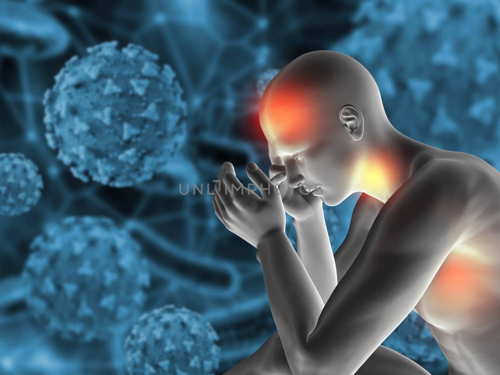 3D render of a medical background with male figure displaying symptoms of the Covid 19 virus