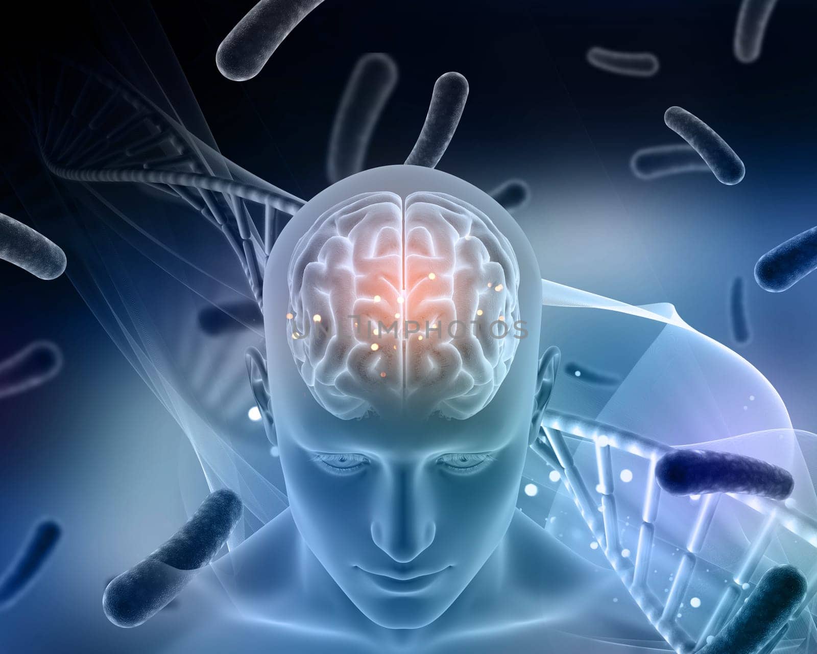 3D render of a medical background with male figure with brain highlighted