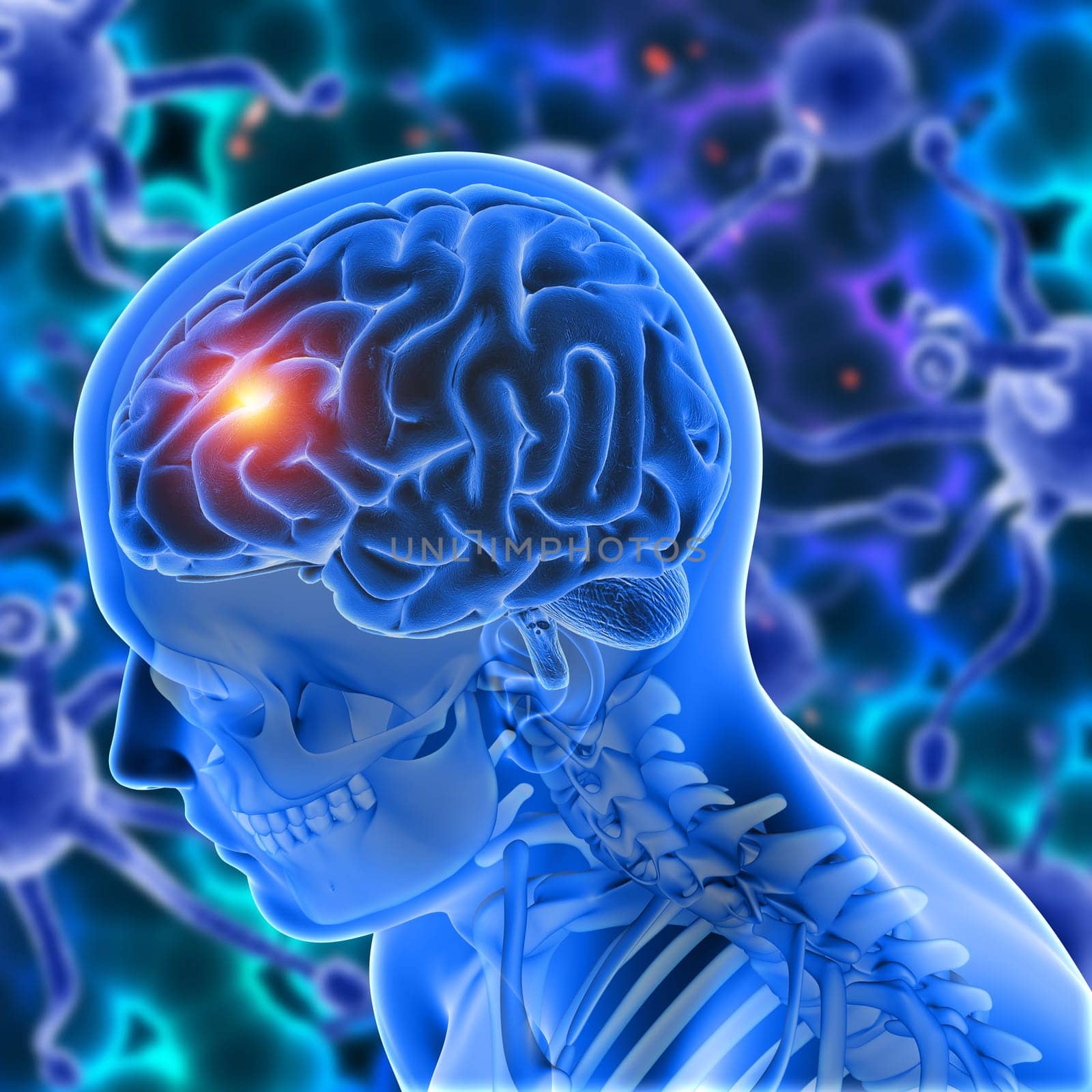 3D render of a medical background with male figure with brain highlighted