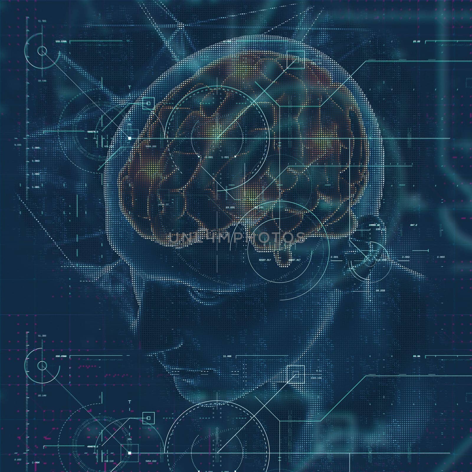 3D render of a medical background with male figure with brain highlighted and techno overlay