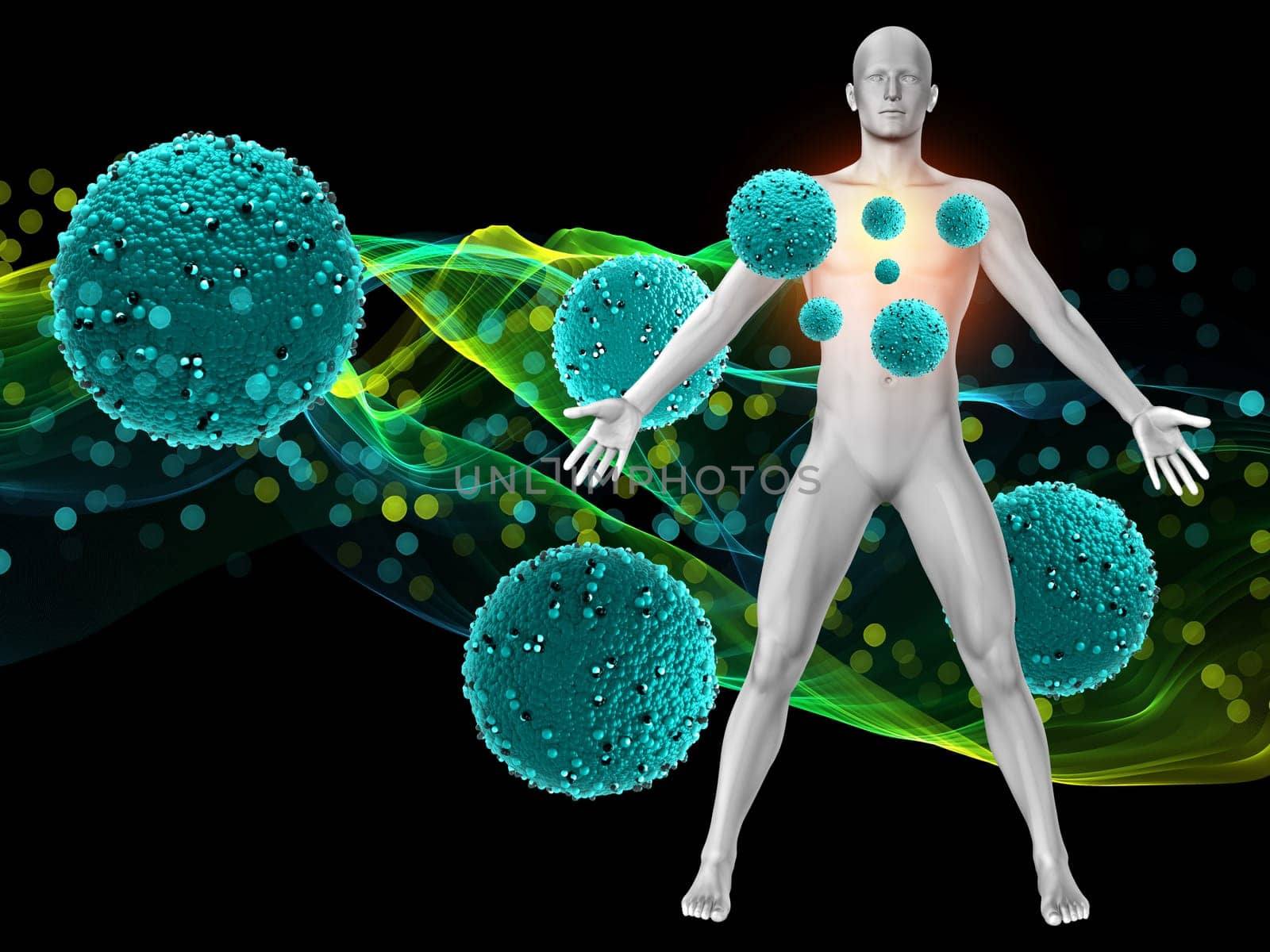 3D render of a medical background with male figure with virus cells