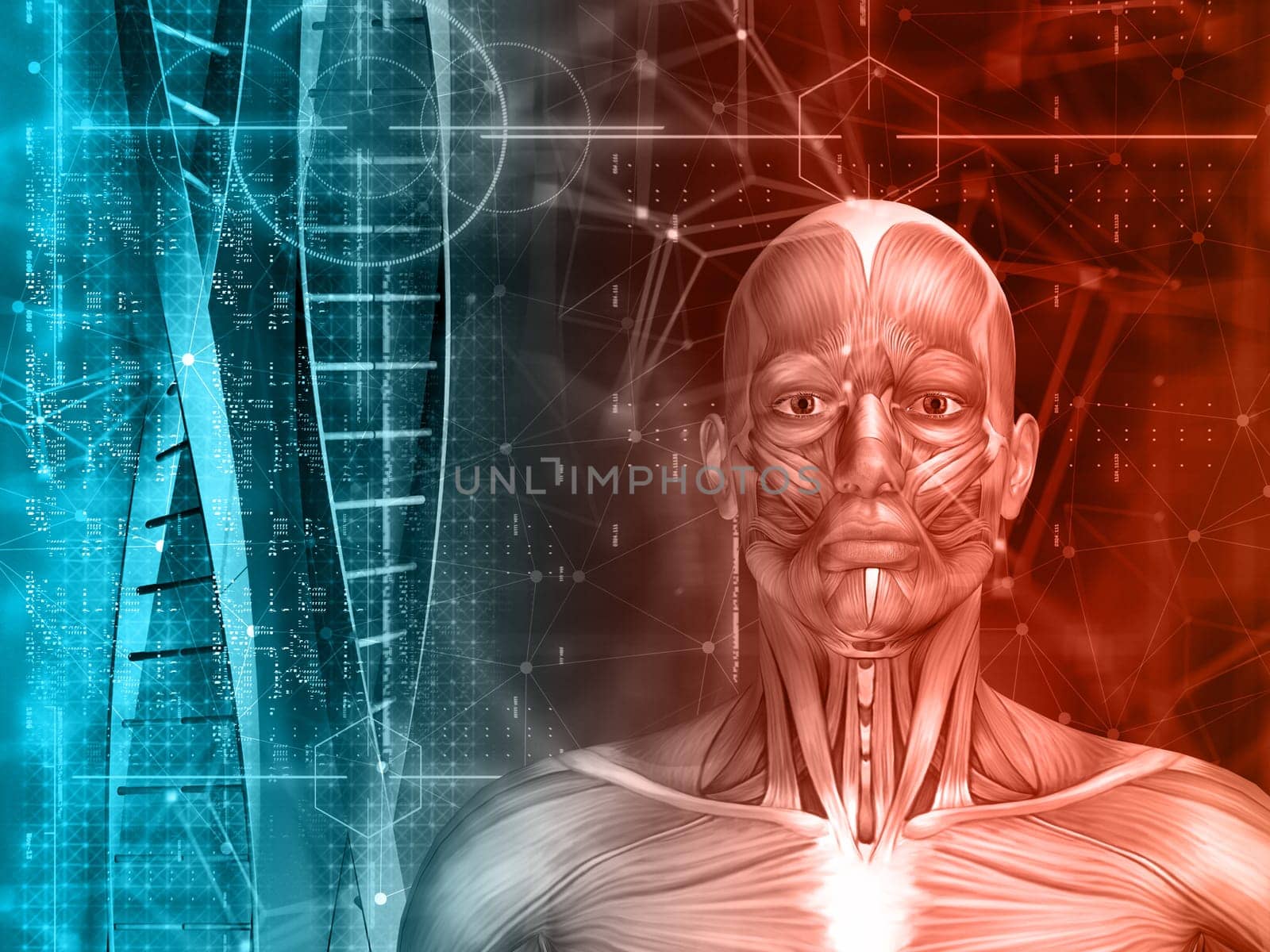 3D render of a medical background with male figure, DNA strands and code