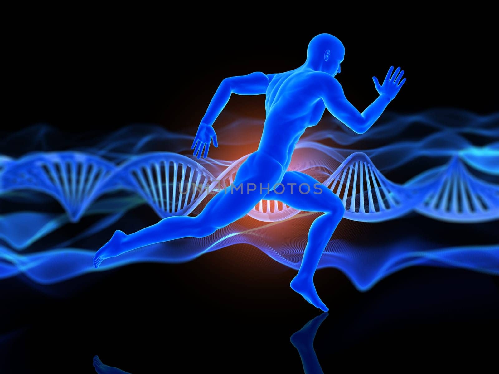 3D render of a medical background with running male figure on DNA strands