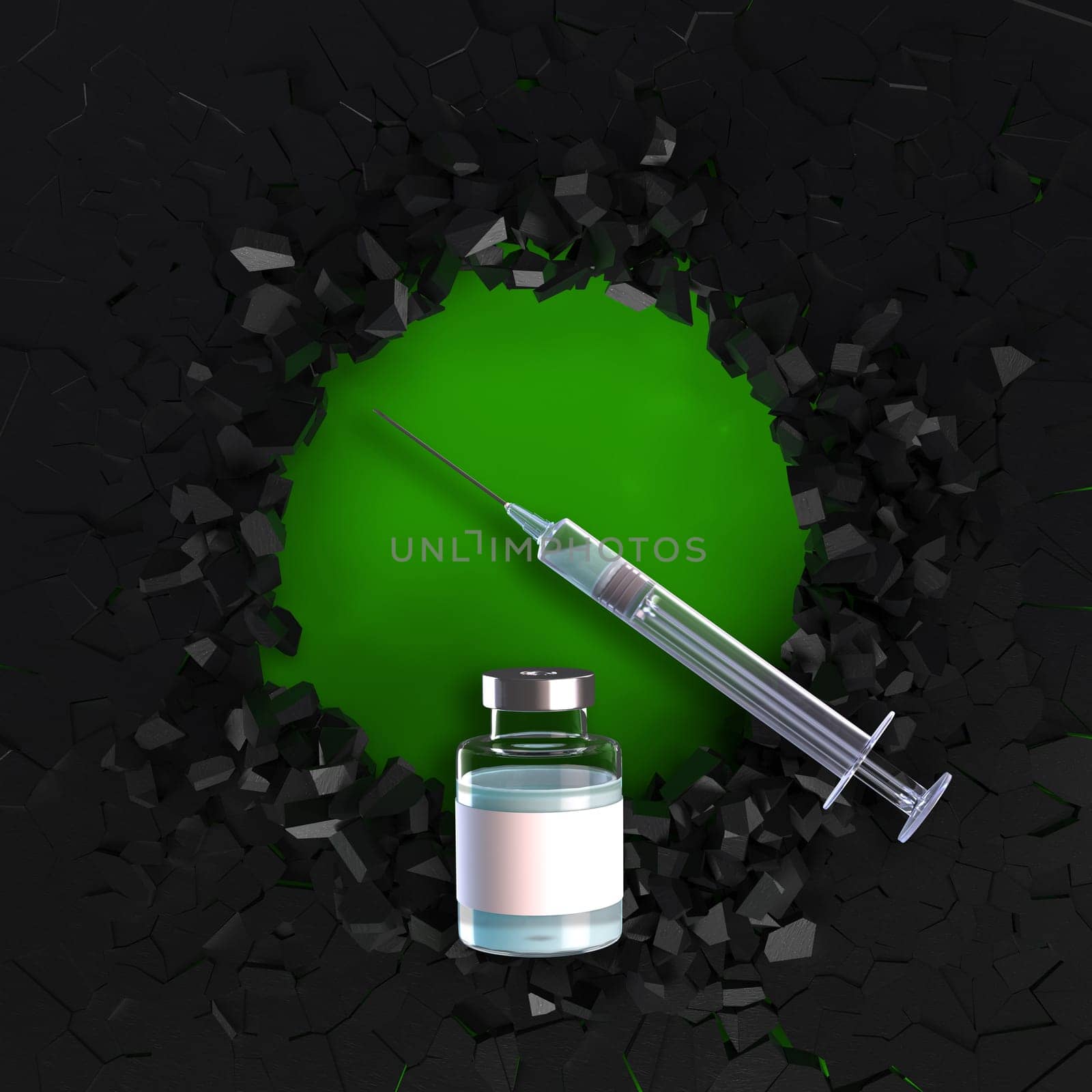 3D render of a medical background with vaccine and syringe on fractured background