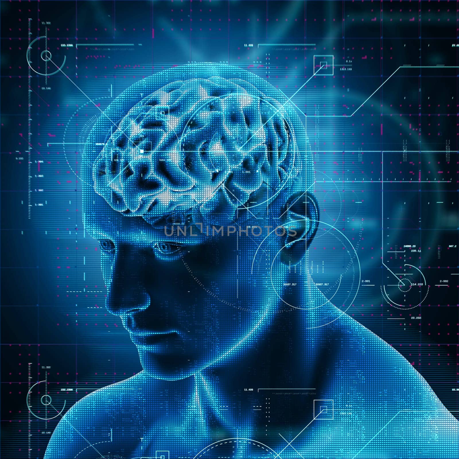 3D render of a medical background with technology design over male figure with brain highlighted