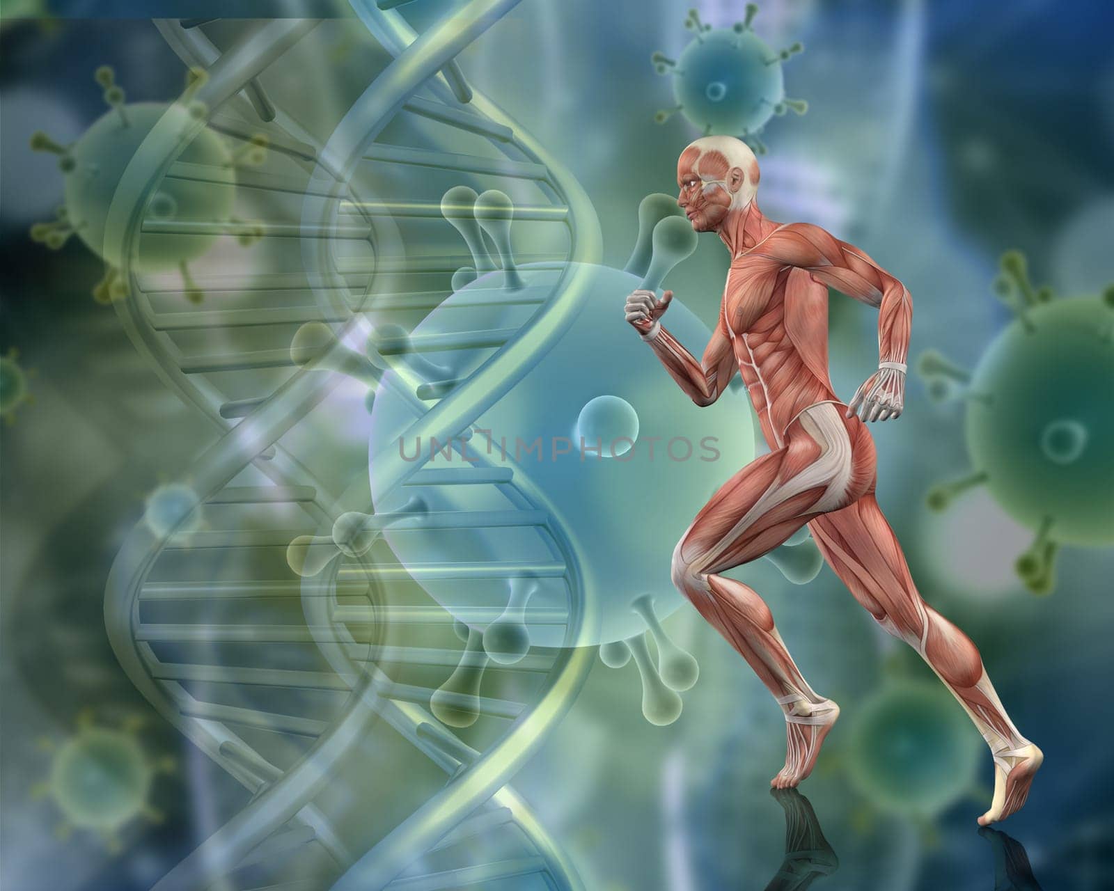 3D render of a medical background with running man with DNA strands and virus cells