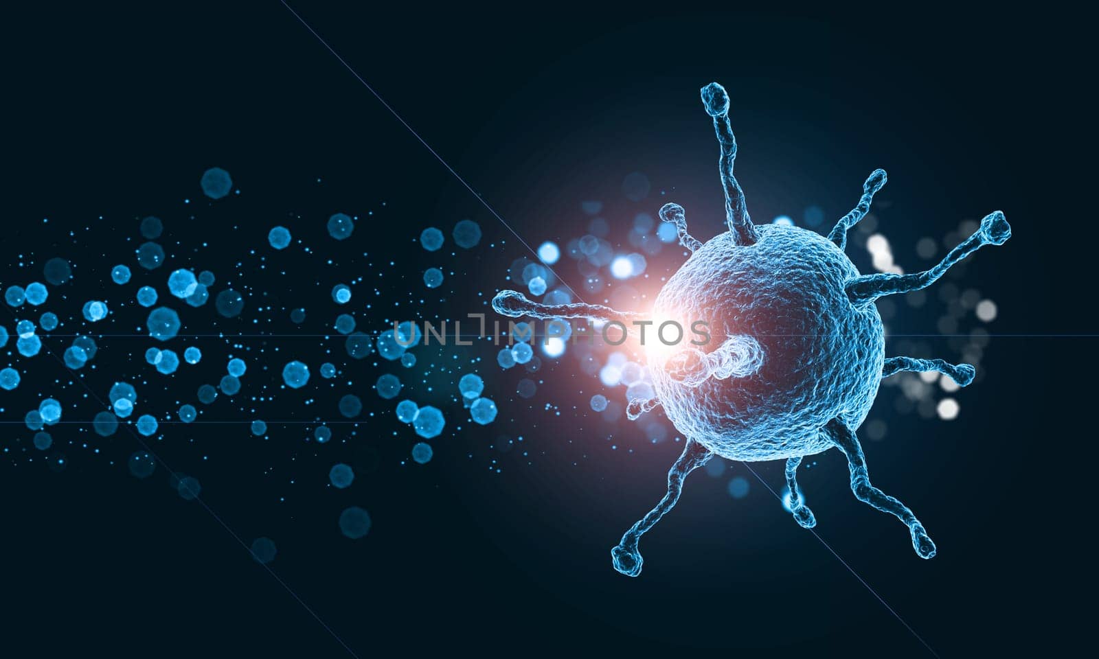 3D render of a medical background with virus cell and lens flare