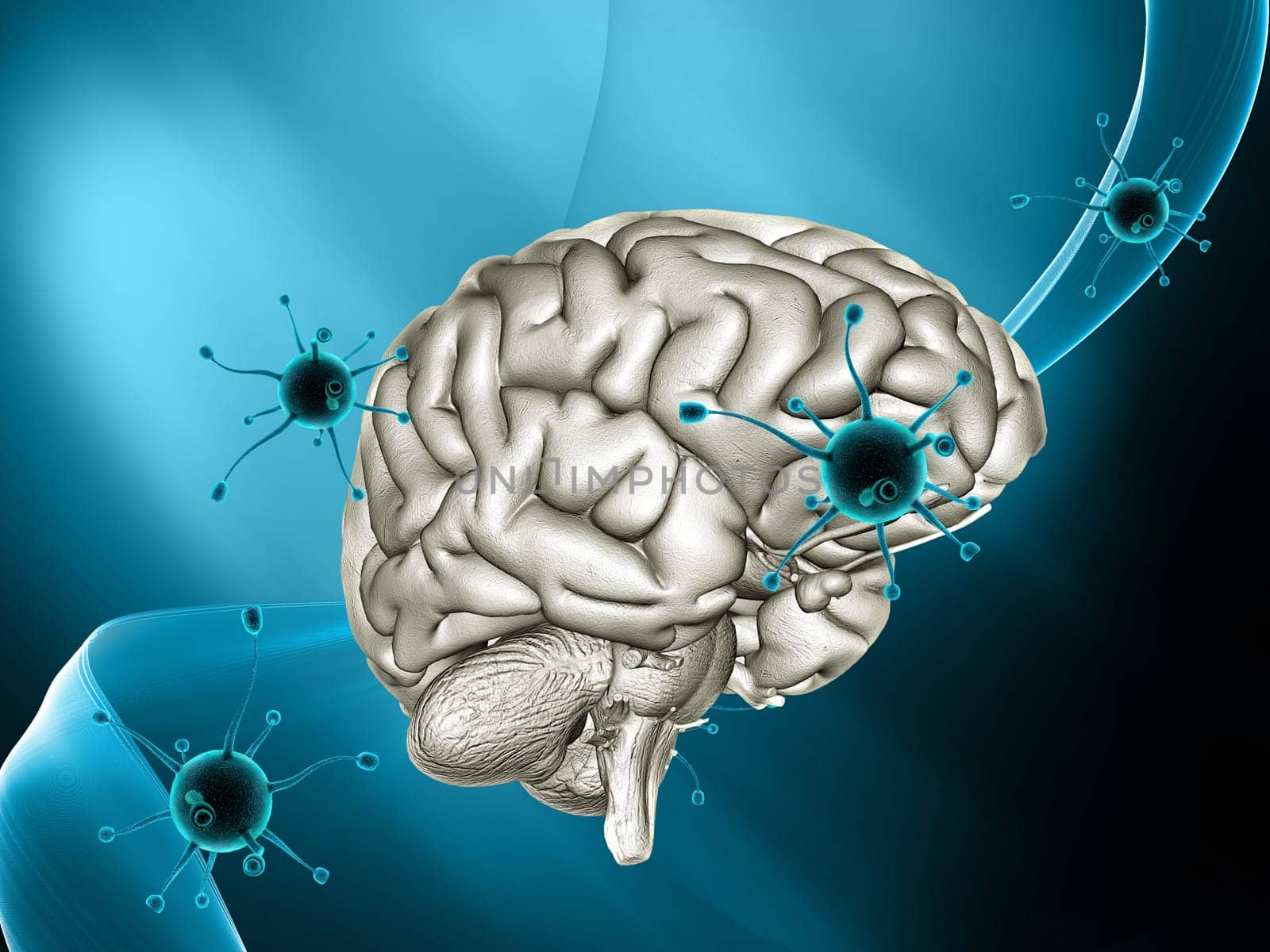 3D render of a medical background with virus cells attacking a brain