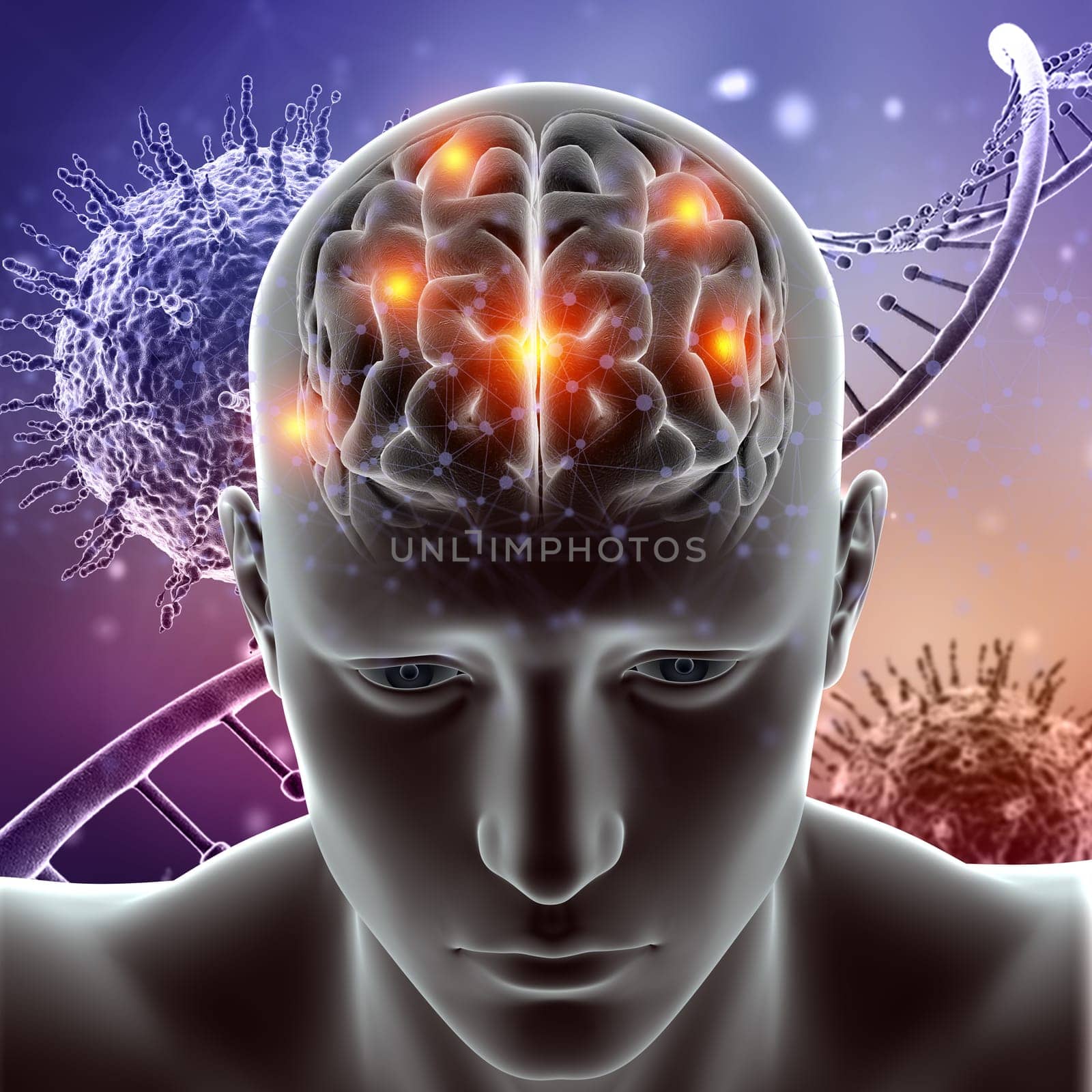 3D render of a medical figure with brain highlighted on virus cells and DNA strands