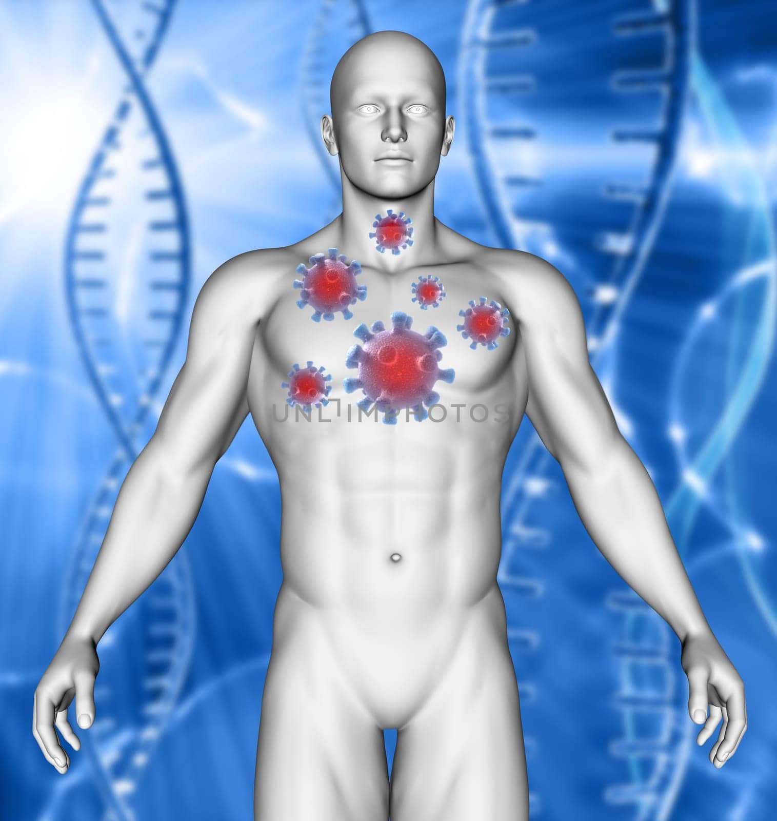 3D render of a medical image showing male with virus cells in his chest depicting Coronavirus