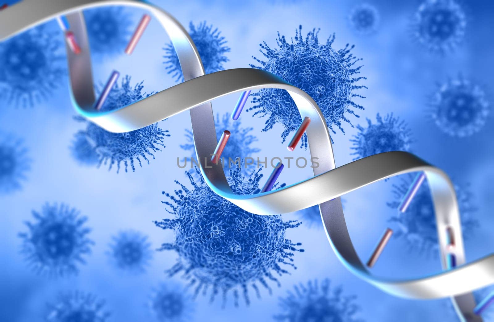 3D render of a medical image with virus cells and DNA strand