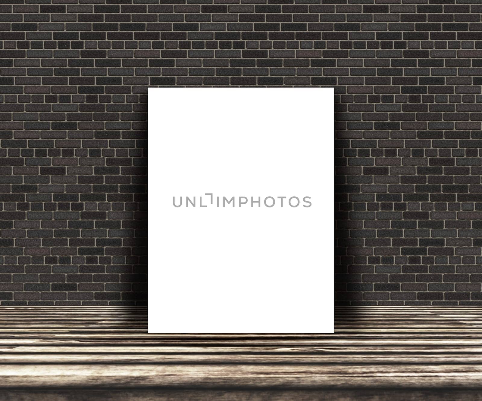 3D render of a mock up of a blank picture on a wooden table leaning against a brick wall