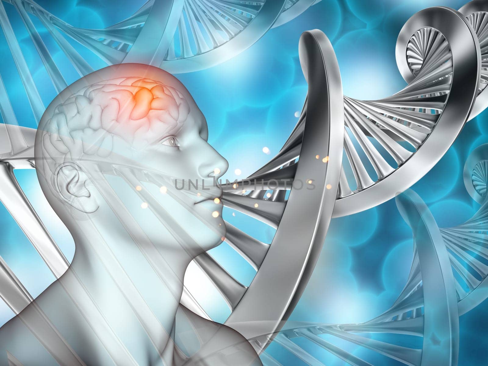 3D render of a medical mental health background with DNA strands and male figure