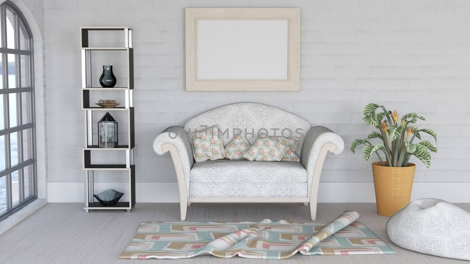 3D render of a modern lounge interior with contemporary furnishings