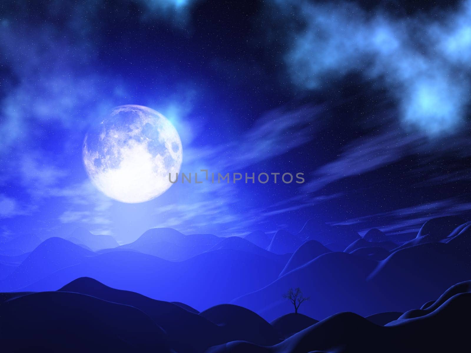 3D render of a moonlit landscape