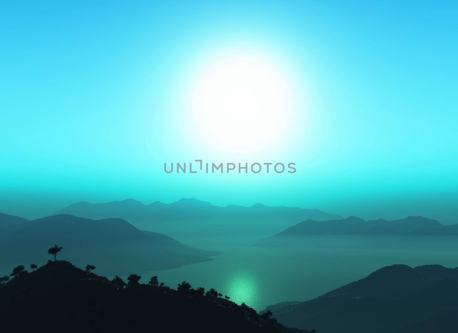 3D render of a mountain landscape against sunset sky