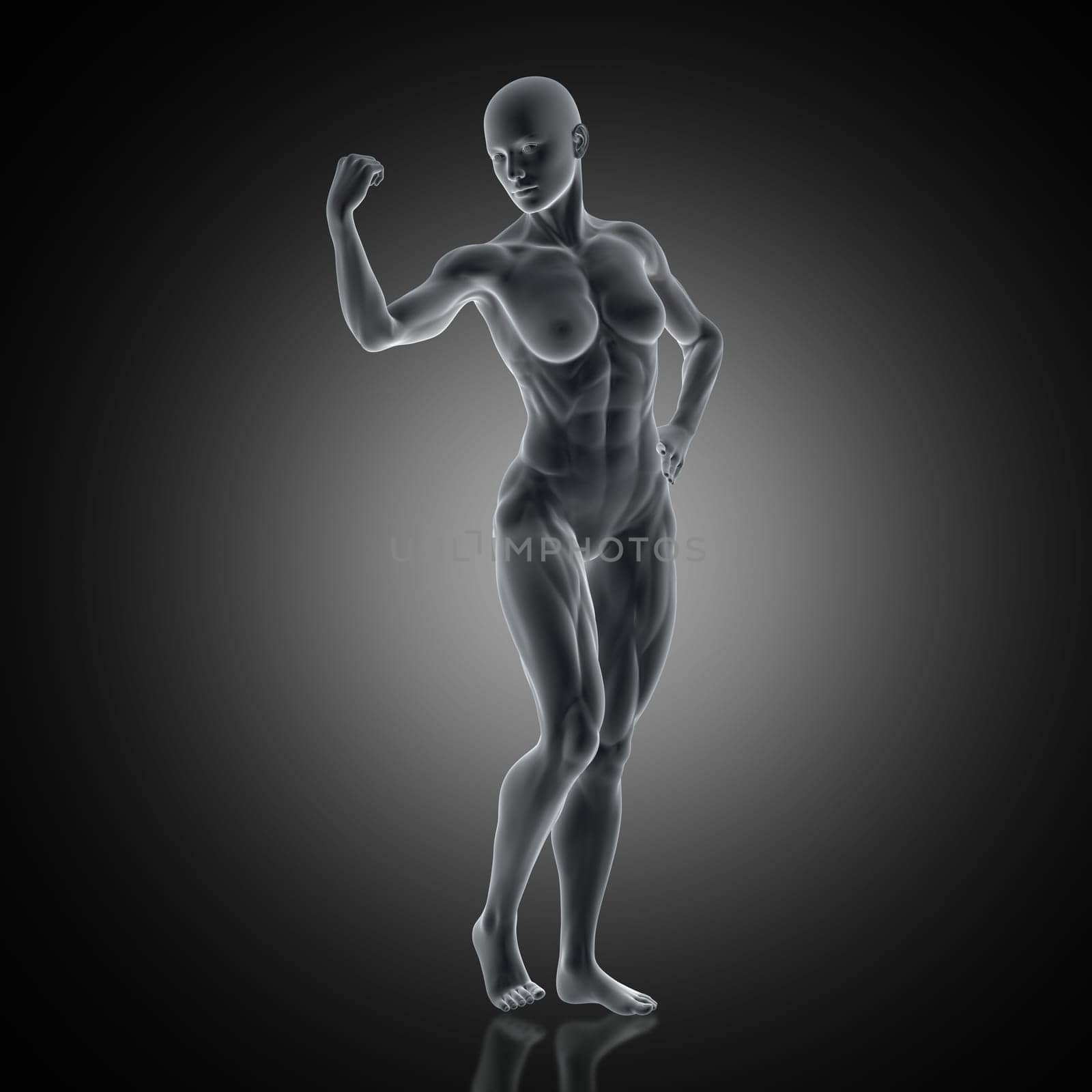 3D render of a muscular female flexing arm muscle