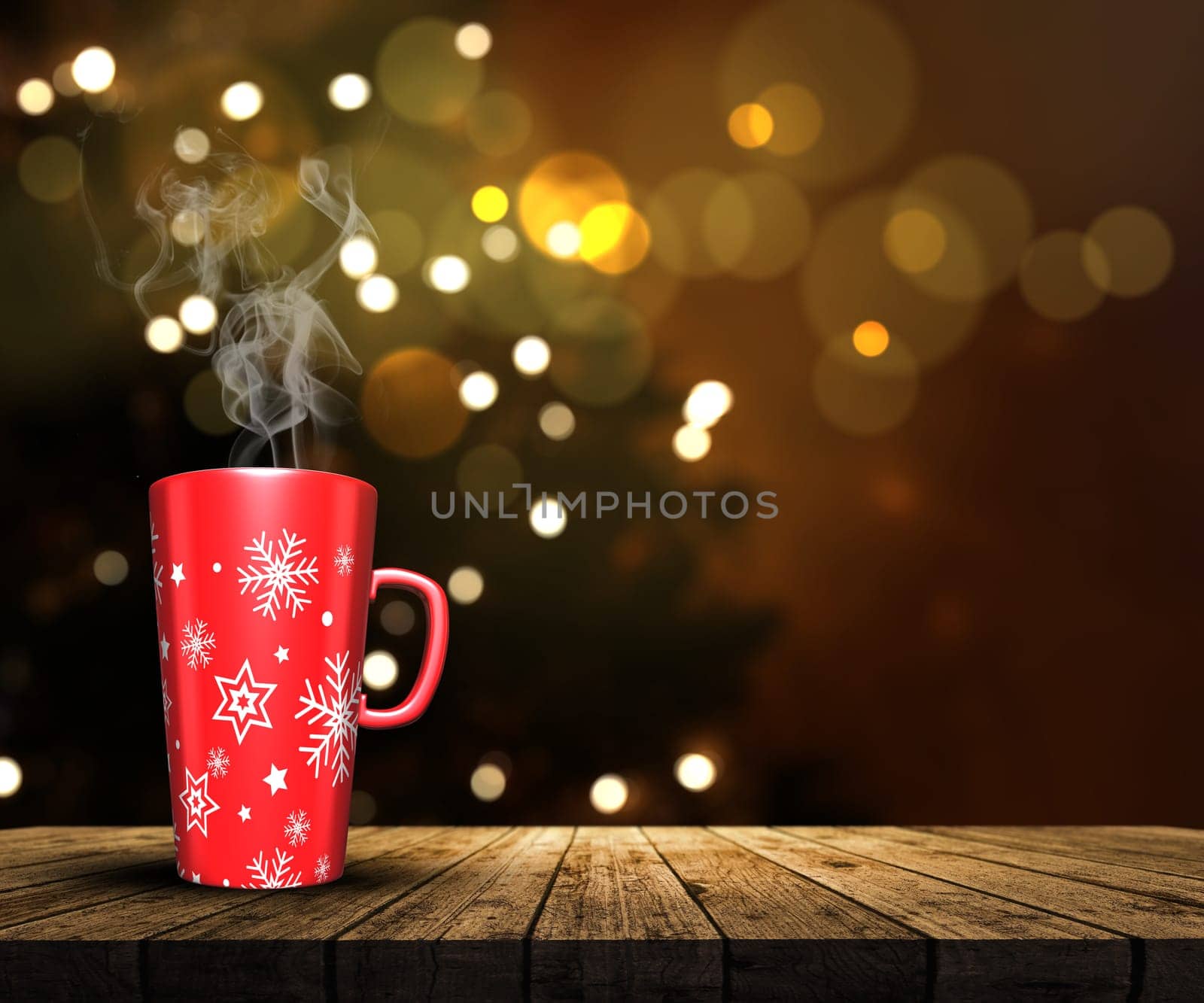 3D render of a mug on a wooden table looking out to a defocussed Christmas tree