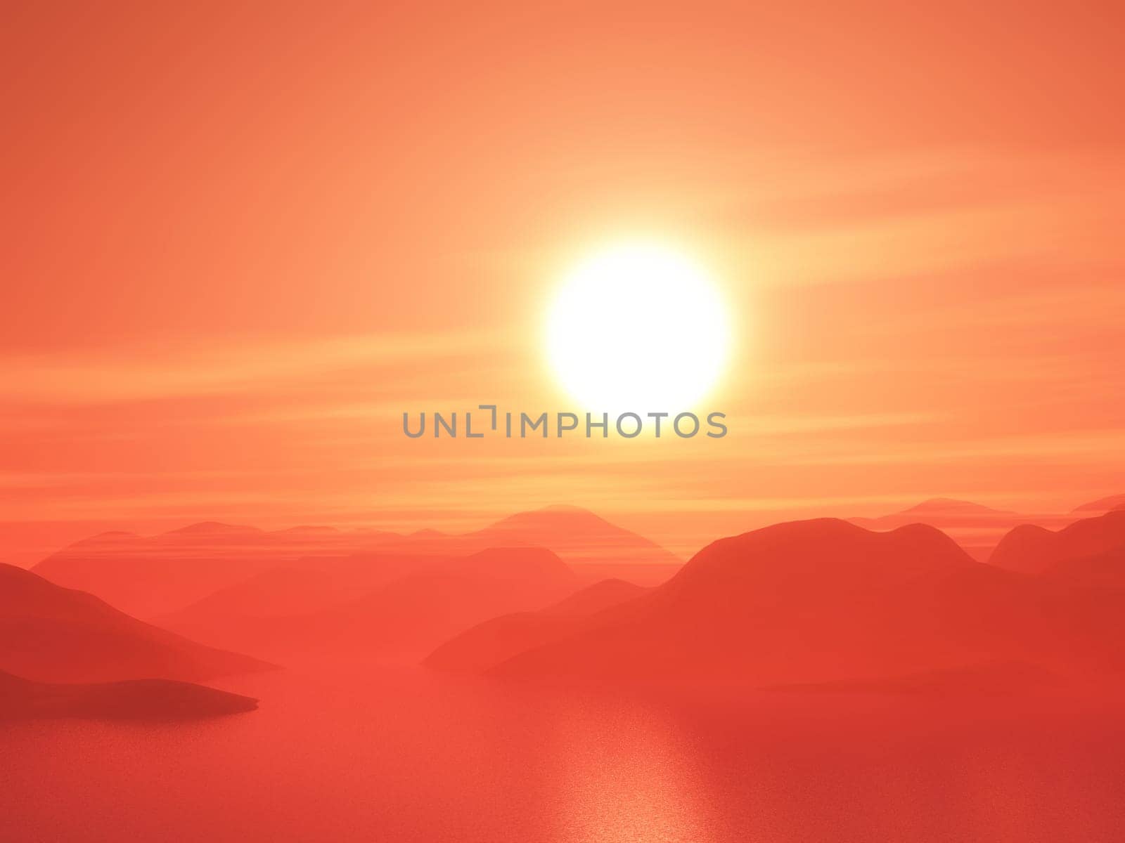 3D render of a mountain range against a sunset sky