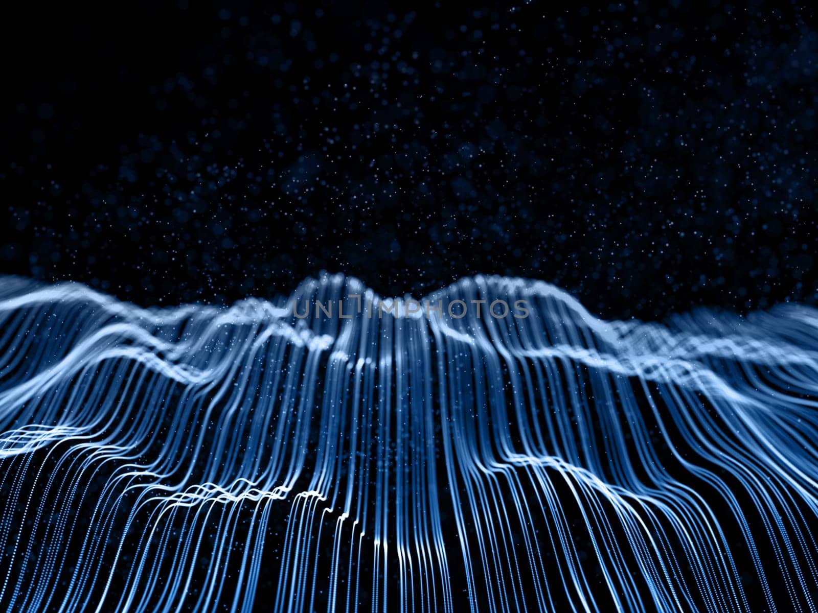 3D render of a network communications background with flowing network lines and cyber particles
