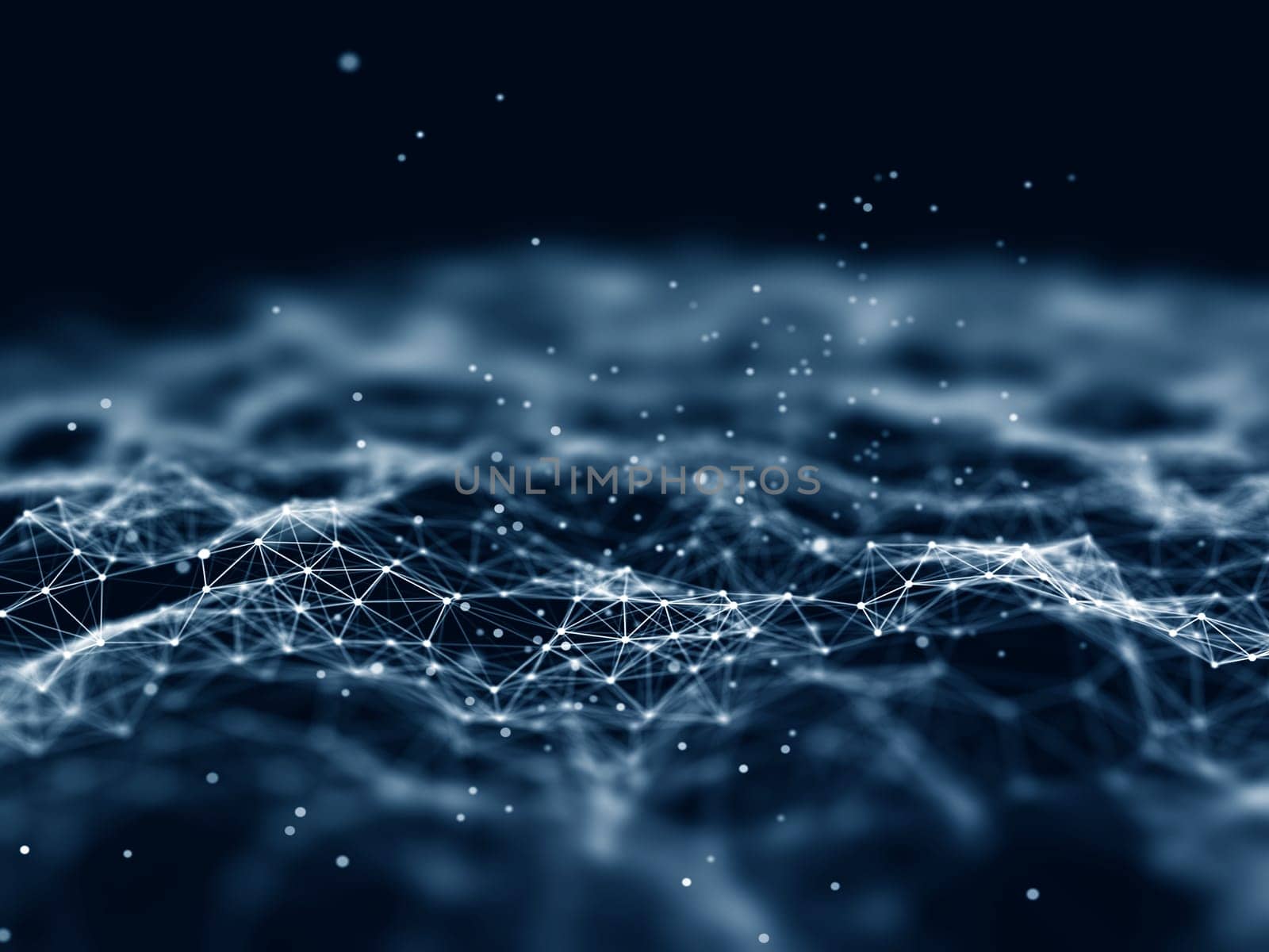 3D render of a network communications background with low poly plexus design and cyber particles