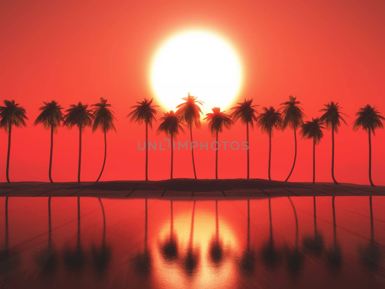3D render of a palm tree landscape against a sunset sky
