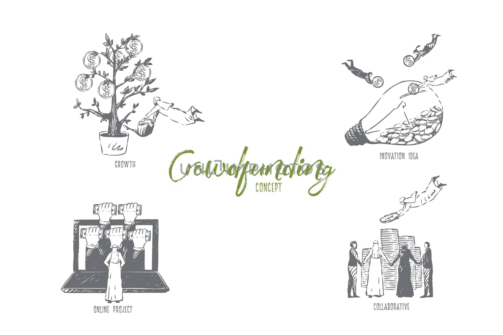 Crowdfunding, growth, innovation idea, online project, collaborative, concept sketch. Internet startup financing, muslim businessmen and businesswomen, business banner. Isolated vector illustration