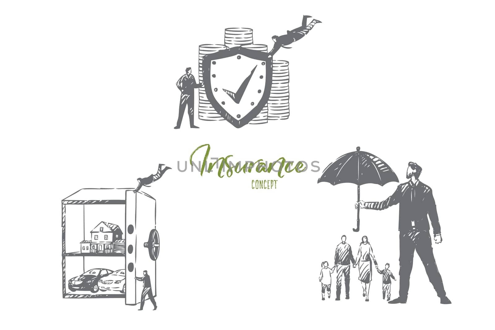 Insurance firm service concept sketch. Property and health protection, flying businessmen, car and house safety assurance, agent with umbrella, business teamwork banner. Isolated vector illustration